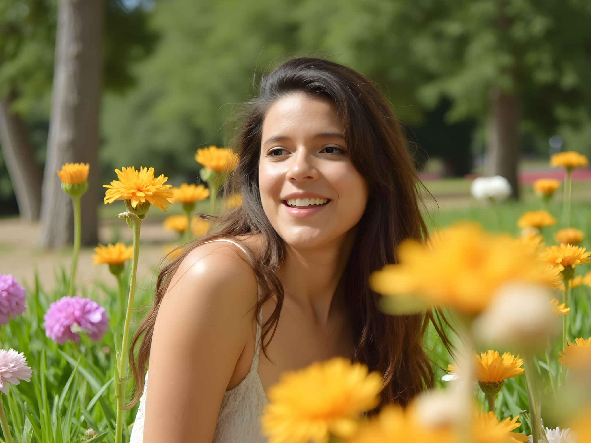 Smiling young woman in a field of vibrant flowers, enjoying a sunny day outdoors.