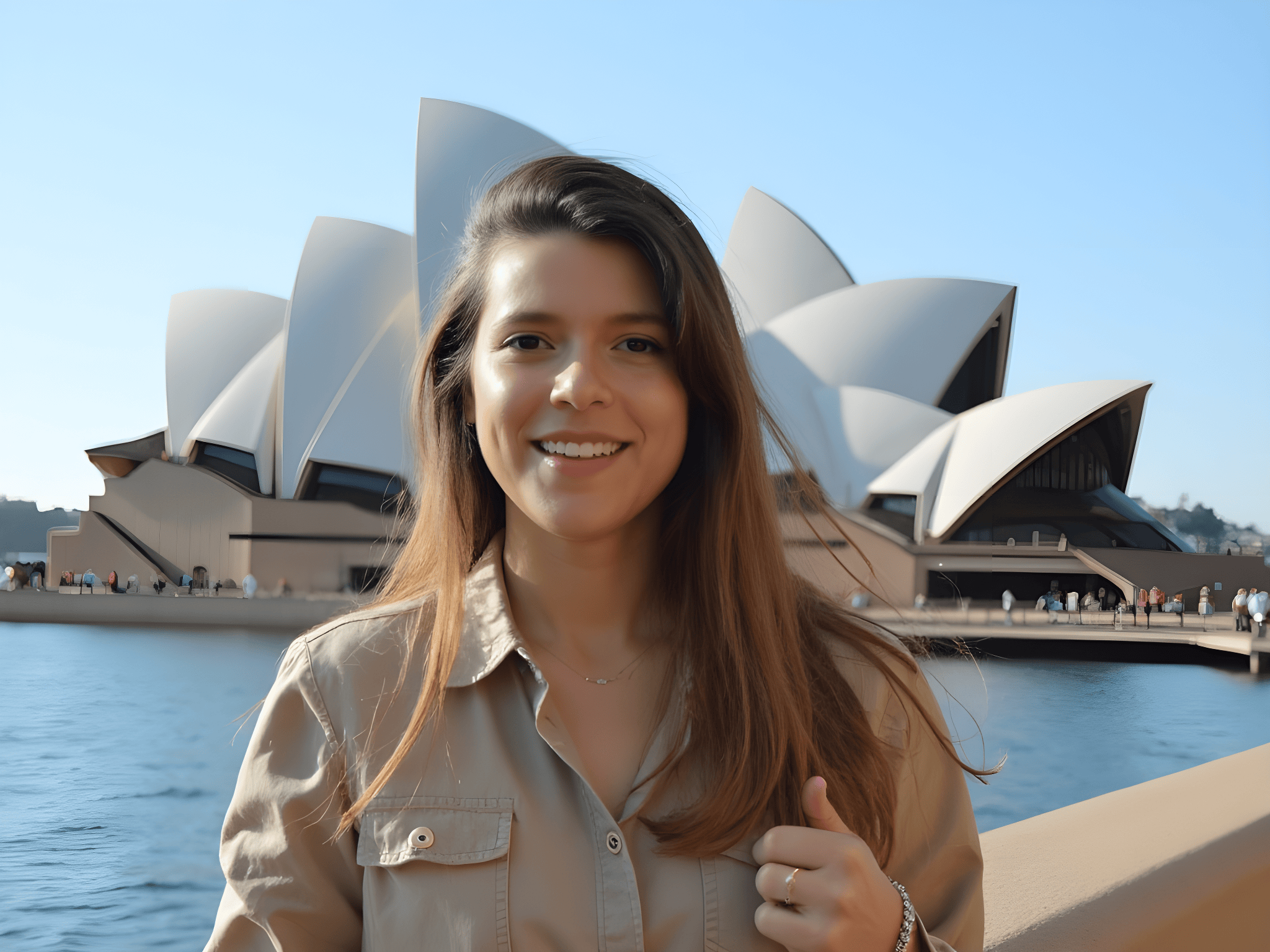 Smiling woman in front of Sydney Opera House on a sunny day, showcasing the iconic architecture and waterfront view.