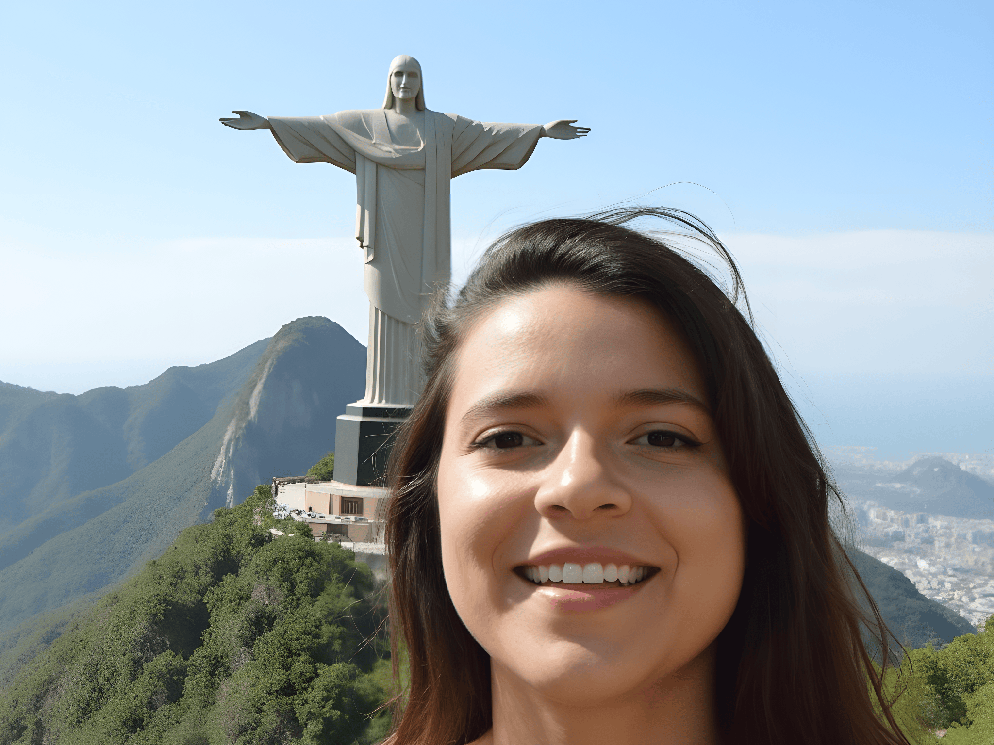 Smiling woman takes a selfie with the iconic Christ the Redeemer statue in Rio de Janeiro, surrounded by mountains and a clear blue sky.