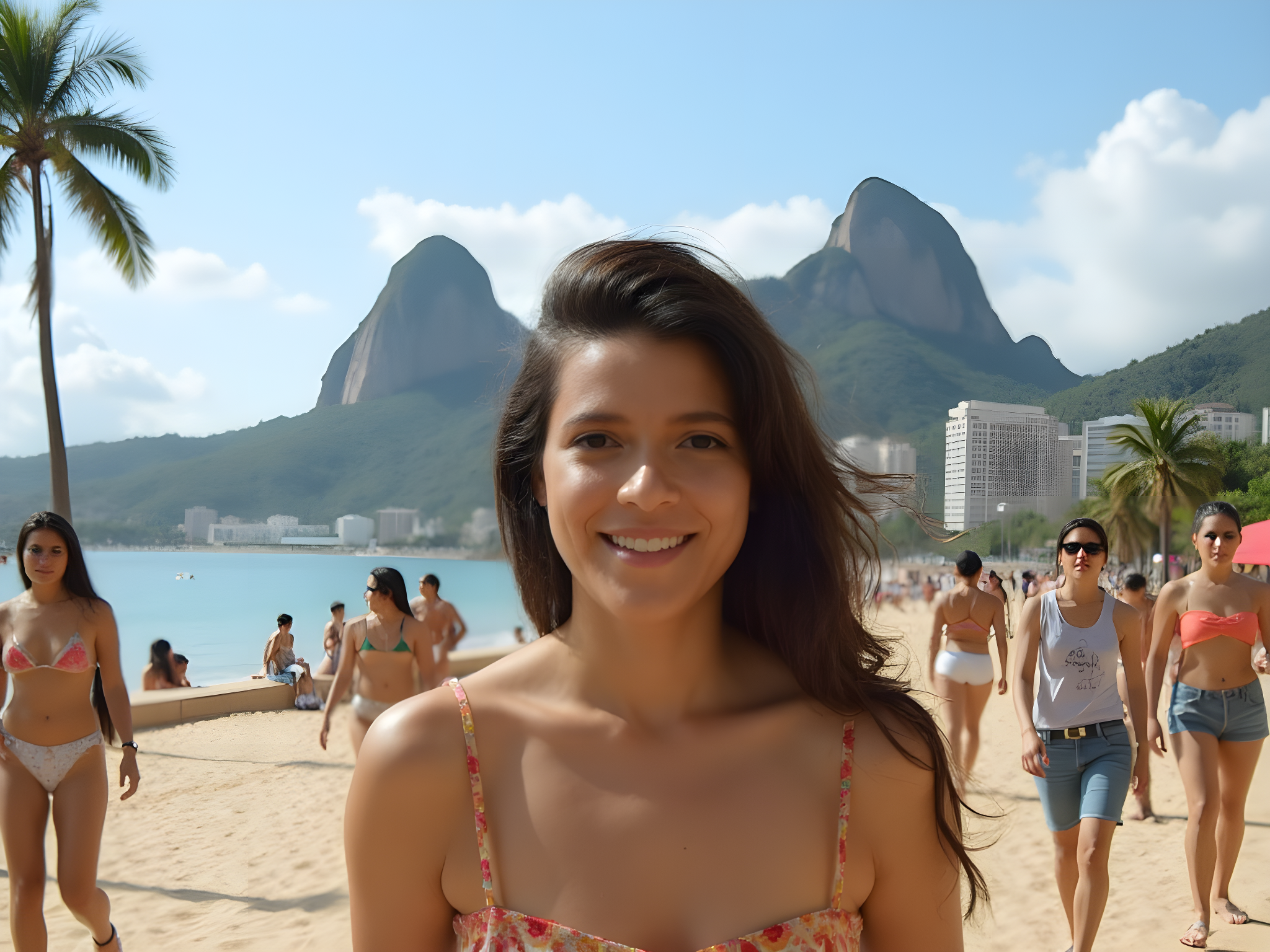 Smiling young woman on a beach with mountains in the background, surrounded by people enjoying a sunny day, palm trees, and vibrant summer fashion.