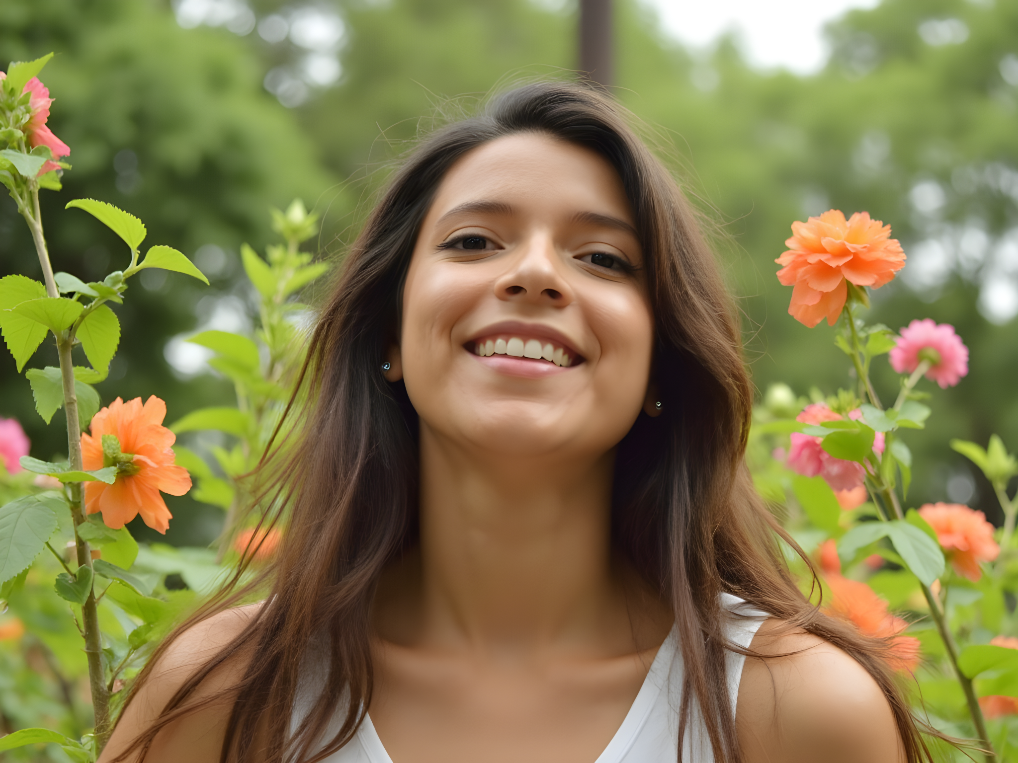 Smiling woman in a garden surrounded by colorful flowers, showcasing a cheerful and vibrant atmosphere.