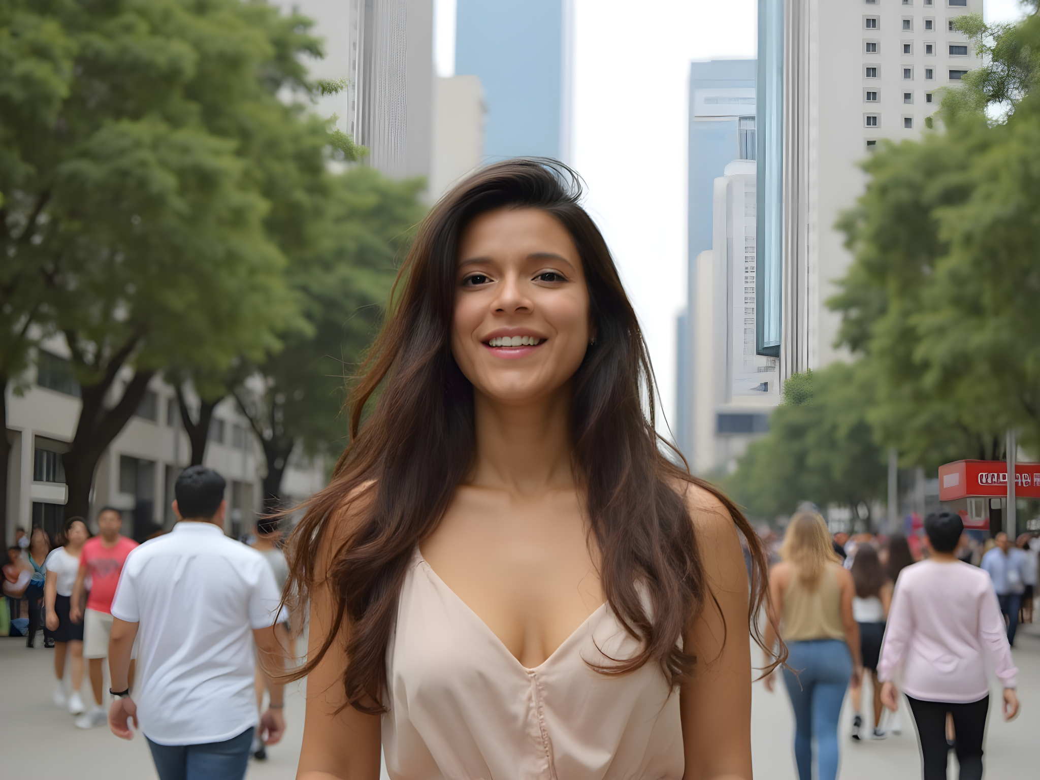 Smiling woman walking in a bustling city street, surrounded by greenery and modern buildings.