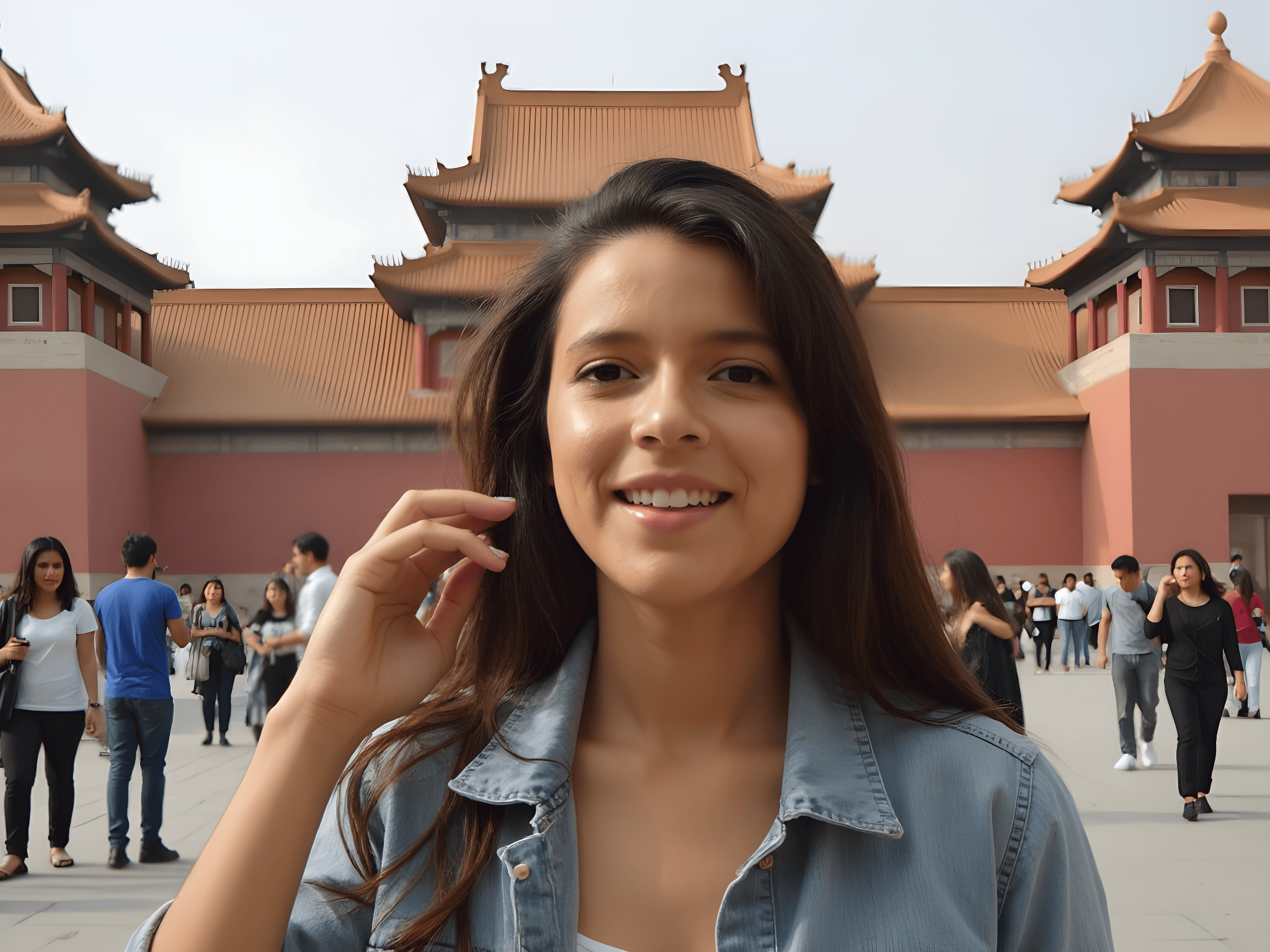 Smiling woman in a denim jacket in front of traditional architecture, with crowds in a popular tourist site.