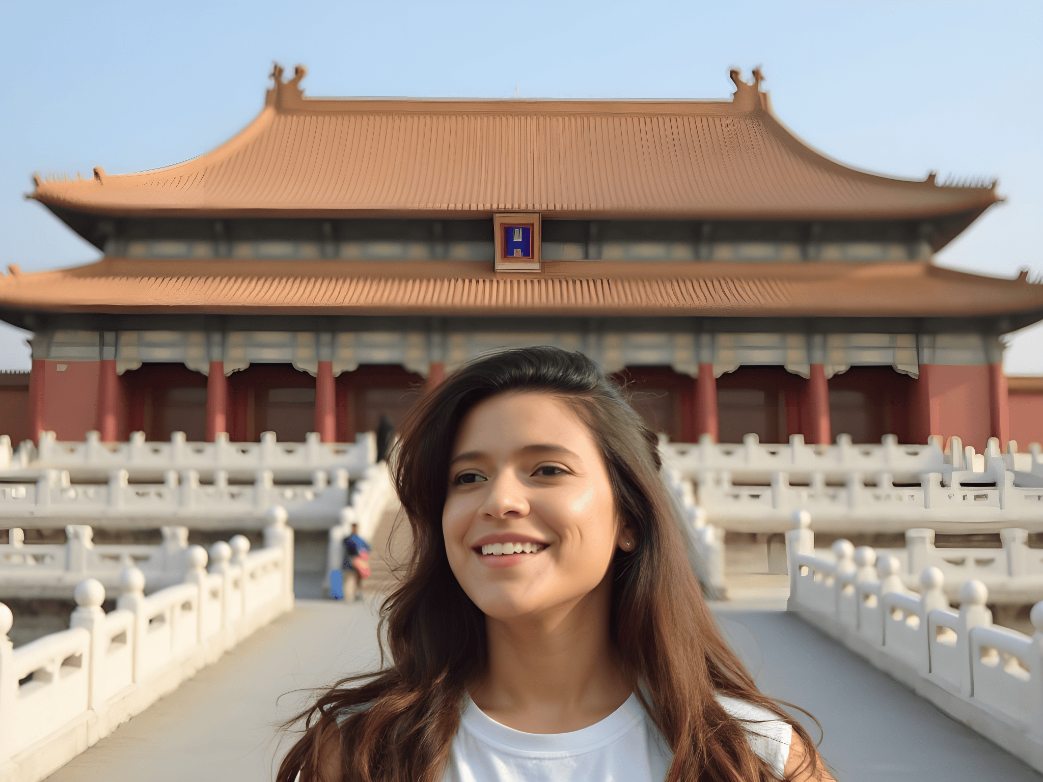Young woman smiling in front of traditional Asian architecture with a large red roof.