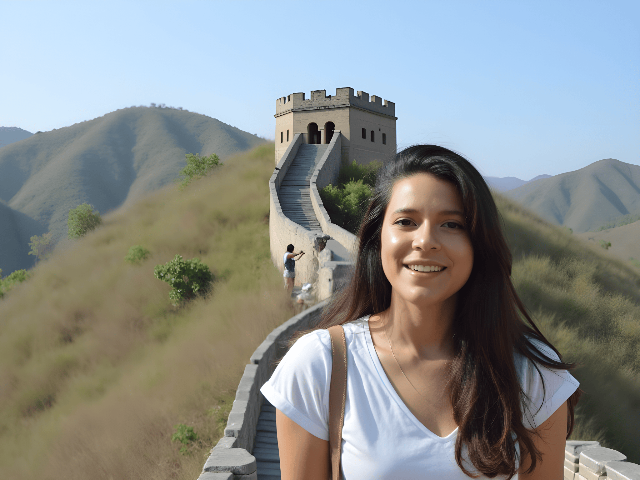 Smiling woman in a white shirt at the Great Wall of China, with mountains in the background and a visitor taking photos nearby.