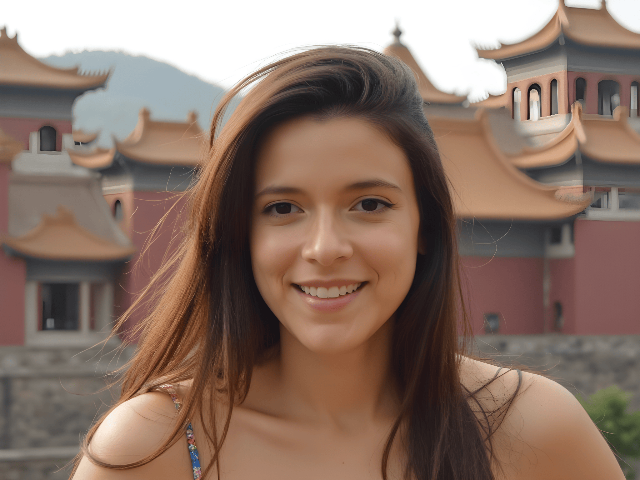 Smiling woman with long hair in front of traditional architecture.