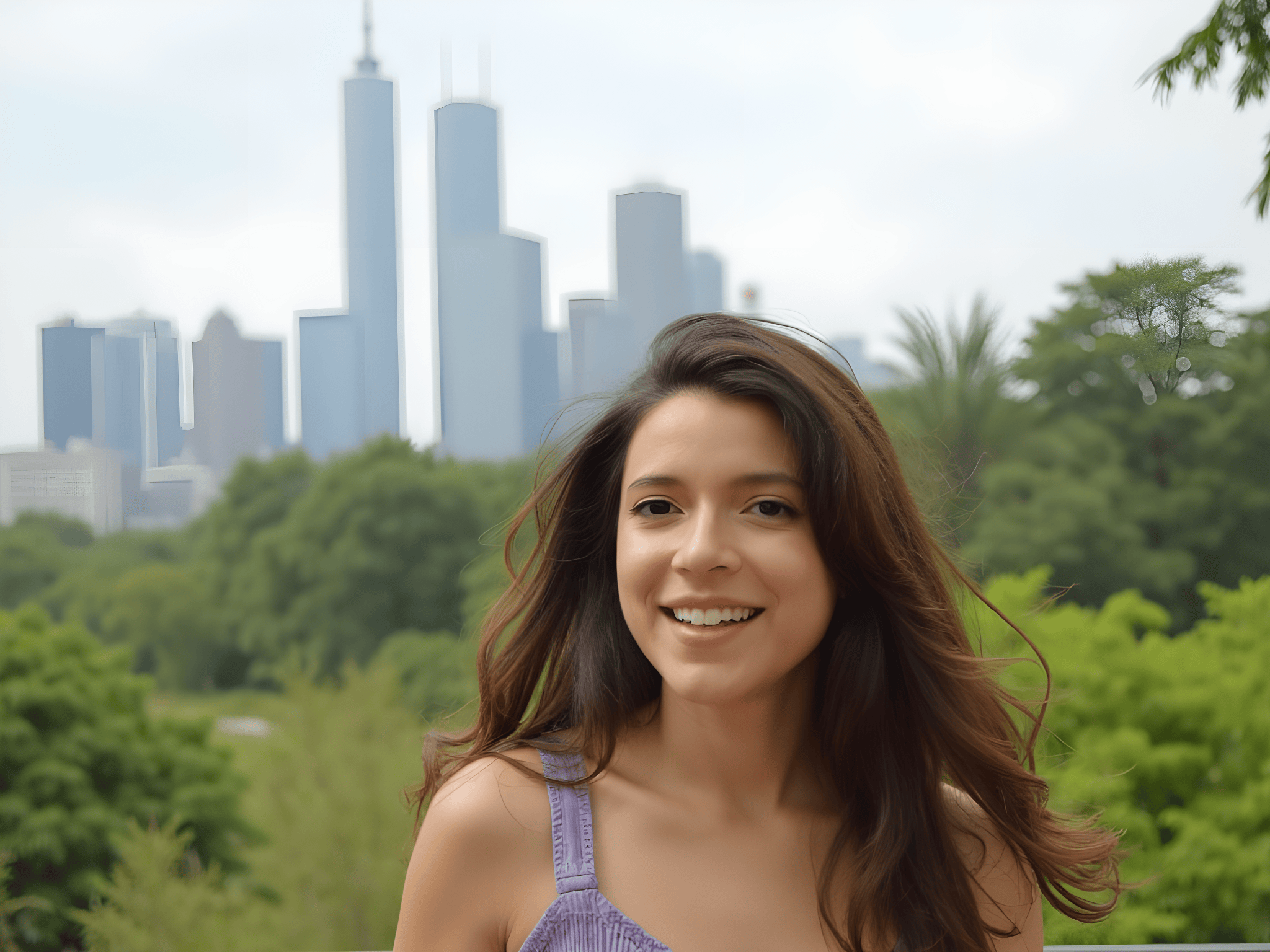 Smiling woman in a scenic urban park with a skyline backdrop featuring tall buildings and greenery.