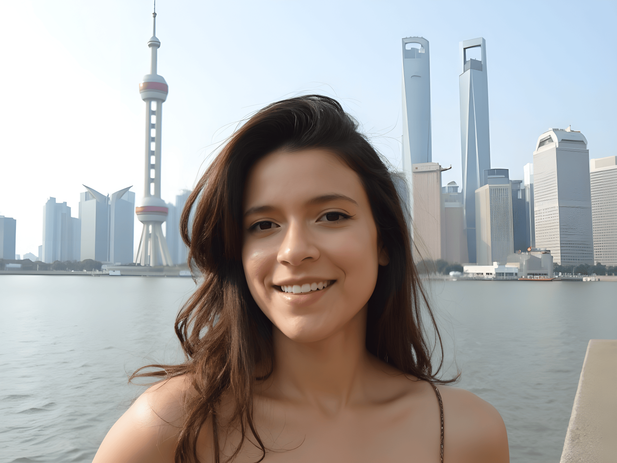 Young woman smiling in front of the skyline of Shanghai, featuring the Oriental Pearl Tower and modern skyscrapers along the river.