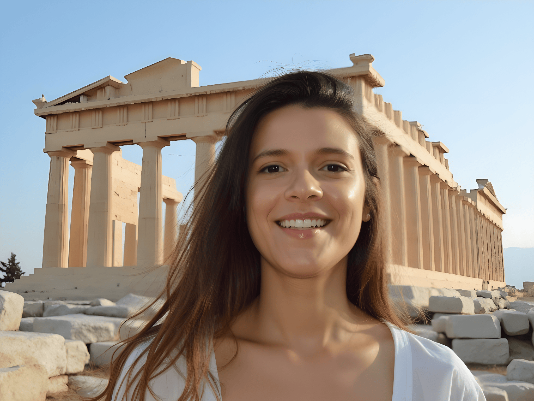 Smiling woman in front of the Parthenon in Athens, Greece, showcasing classic architecture against a clear blue sky.