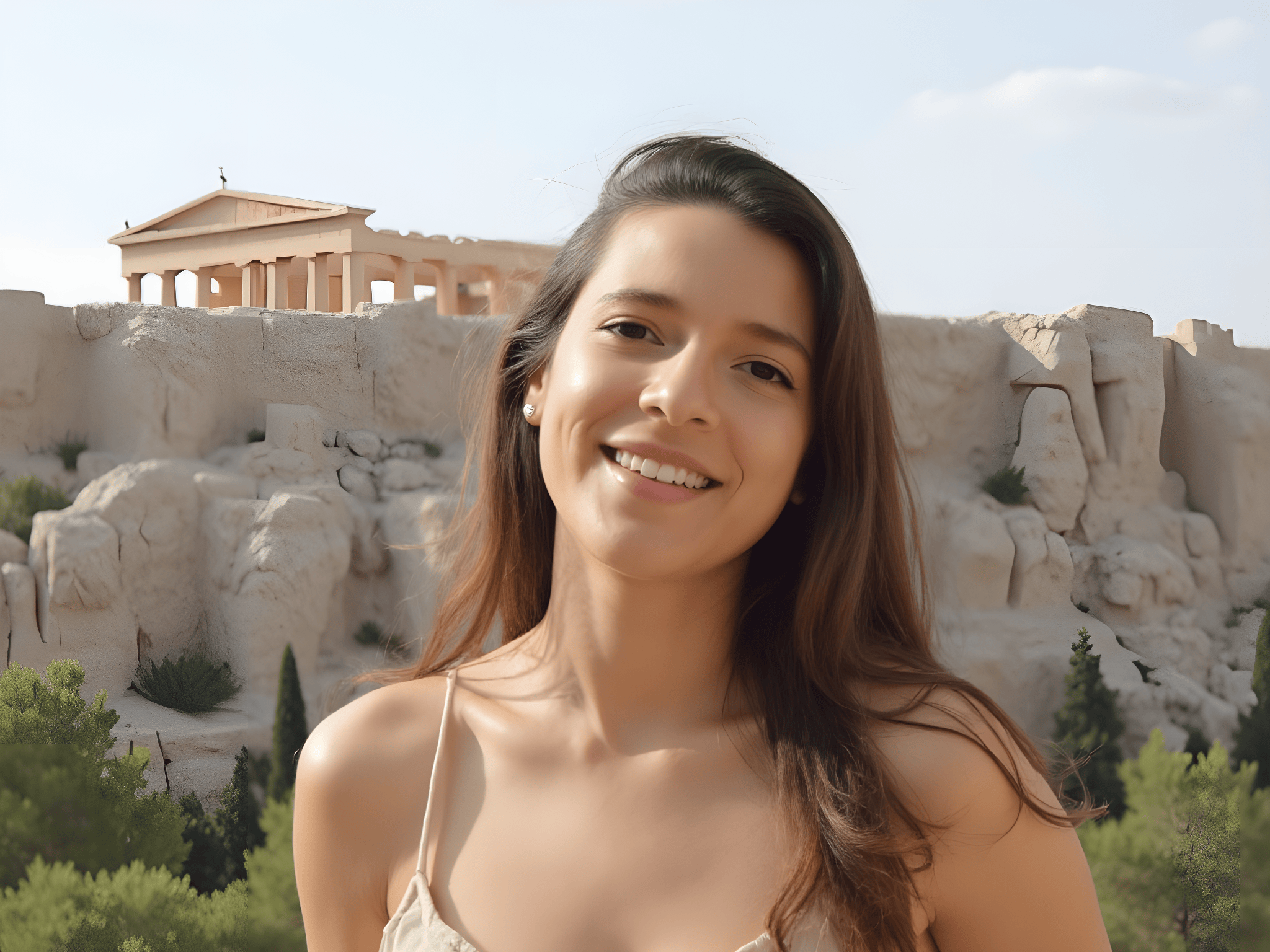 Smiling woman in front of ancient ruins, featuring the Parthenon on a sunny day.