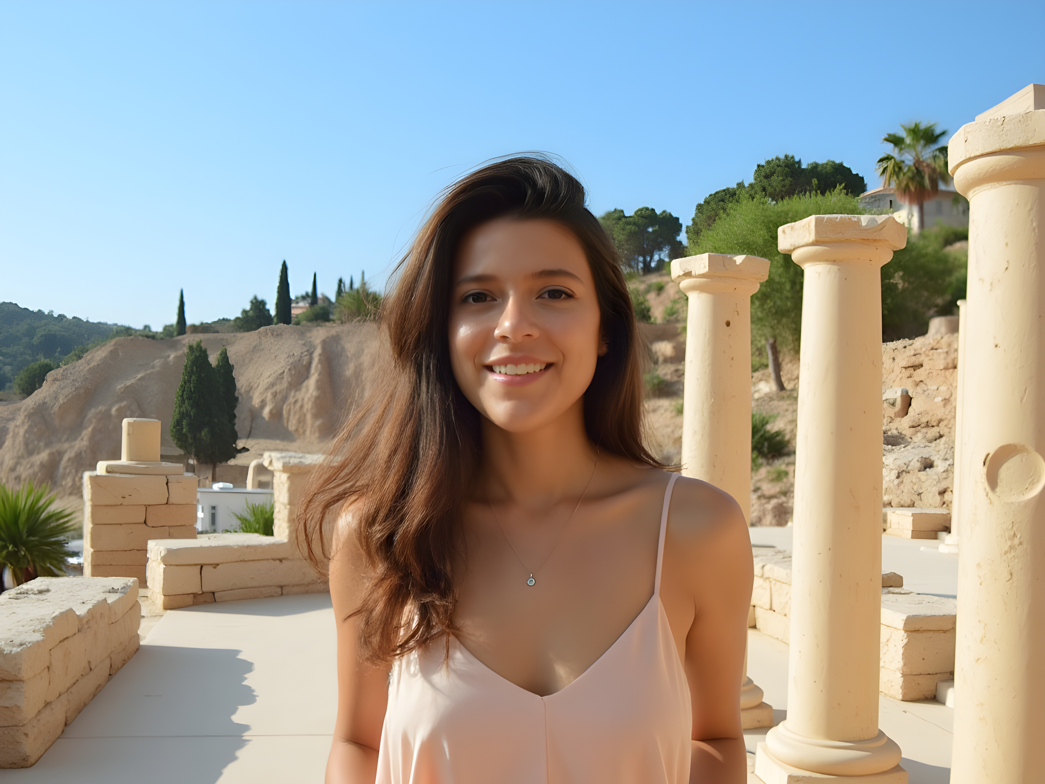 Smiling young woman in a light pink top standing among ancient columns with a scenic backdrop of hills and greenery.