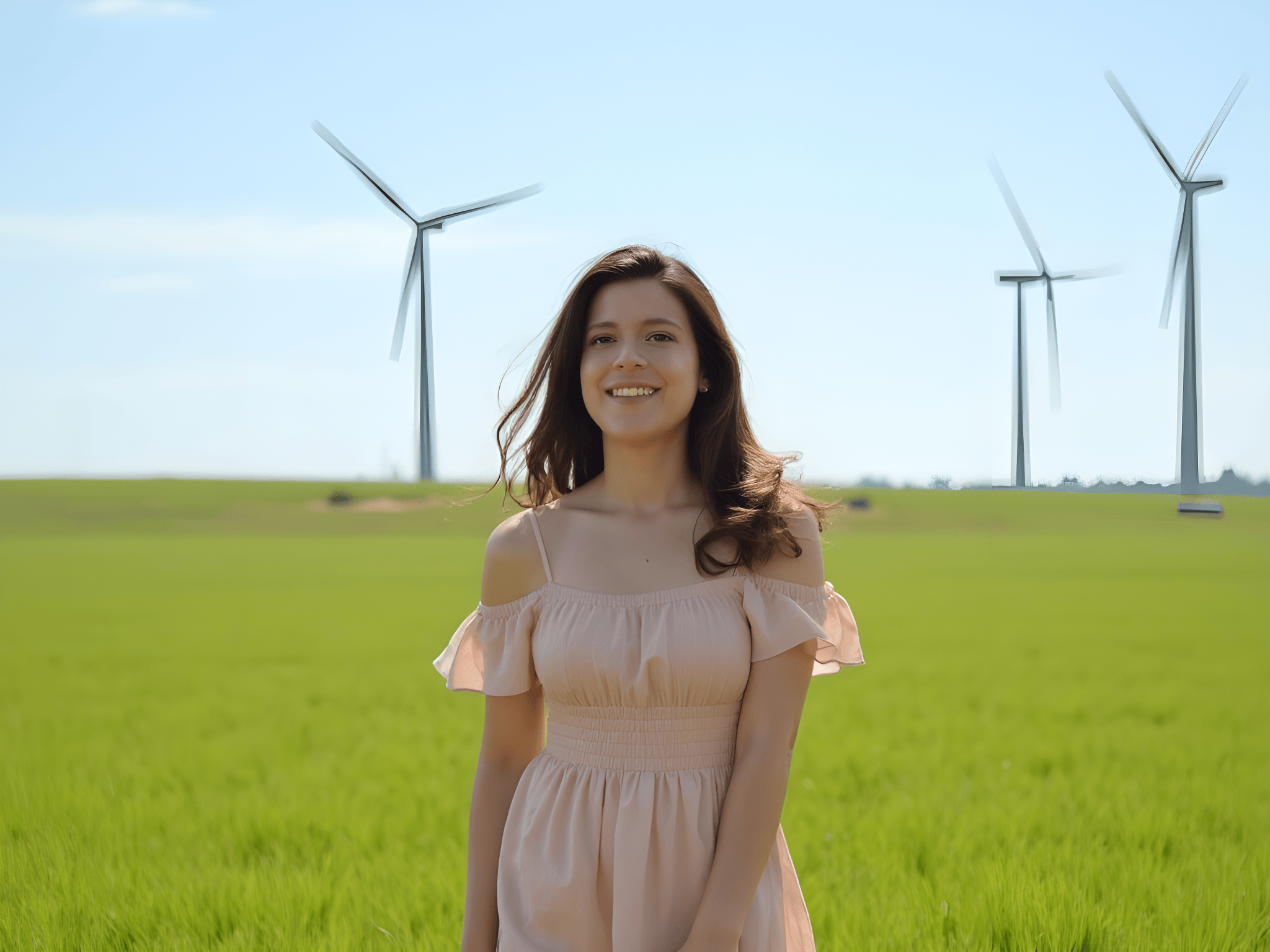 Young woman smiling in a field with wind turbines in the background, promoting renewable energy and a sustainable lifestyle.