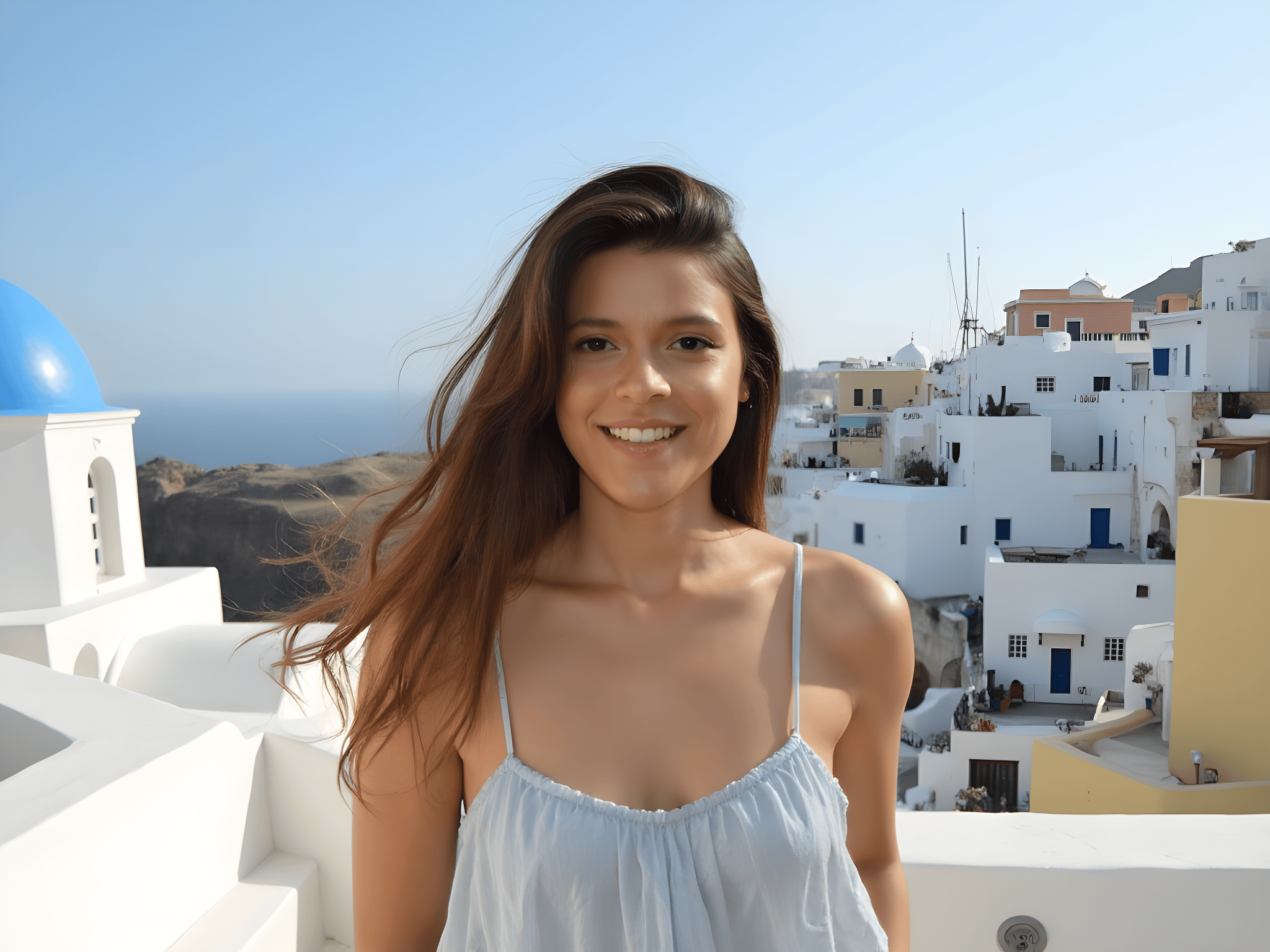 Smiling woman in casual attire with a scenic background of white buildings and blue sea in Santorini, Greece.
