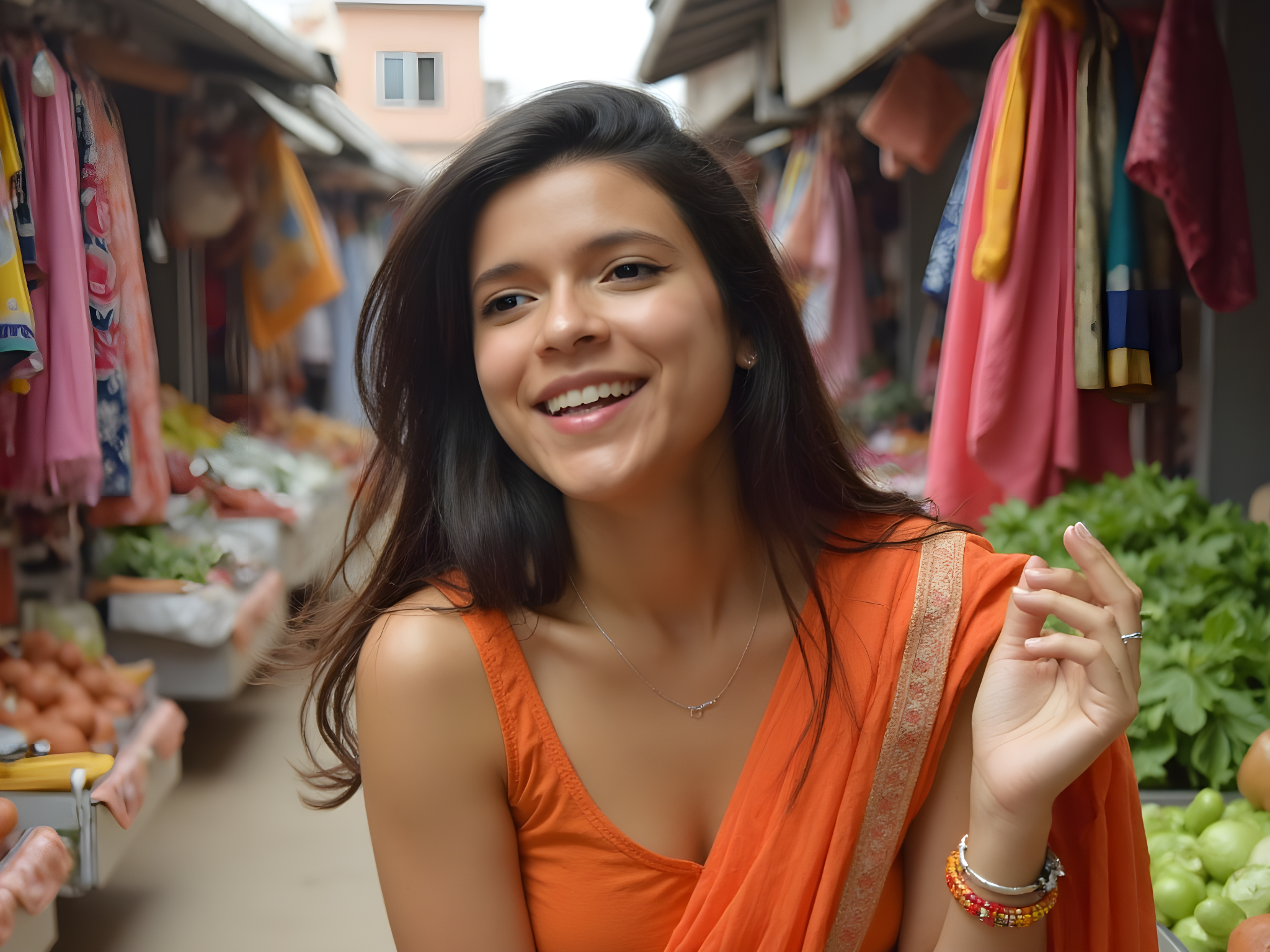 Smiling woman in orange attire enjoying a vibrant local market filled with fresh produce and colorful fabrics.
