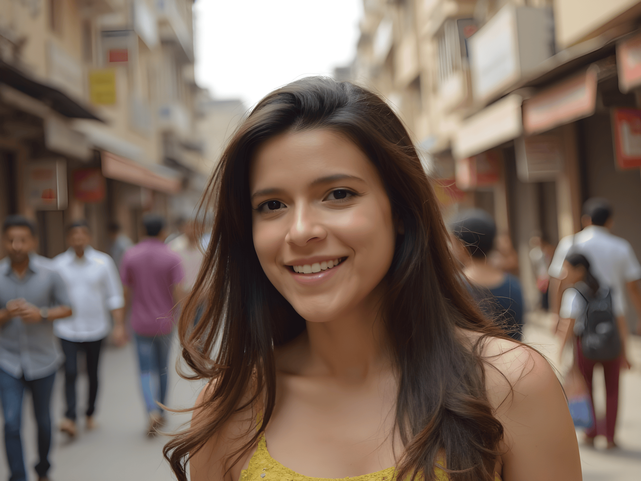 Smiling young woman in a bustling street with blurred pedestrians in the background.