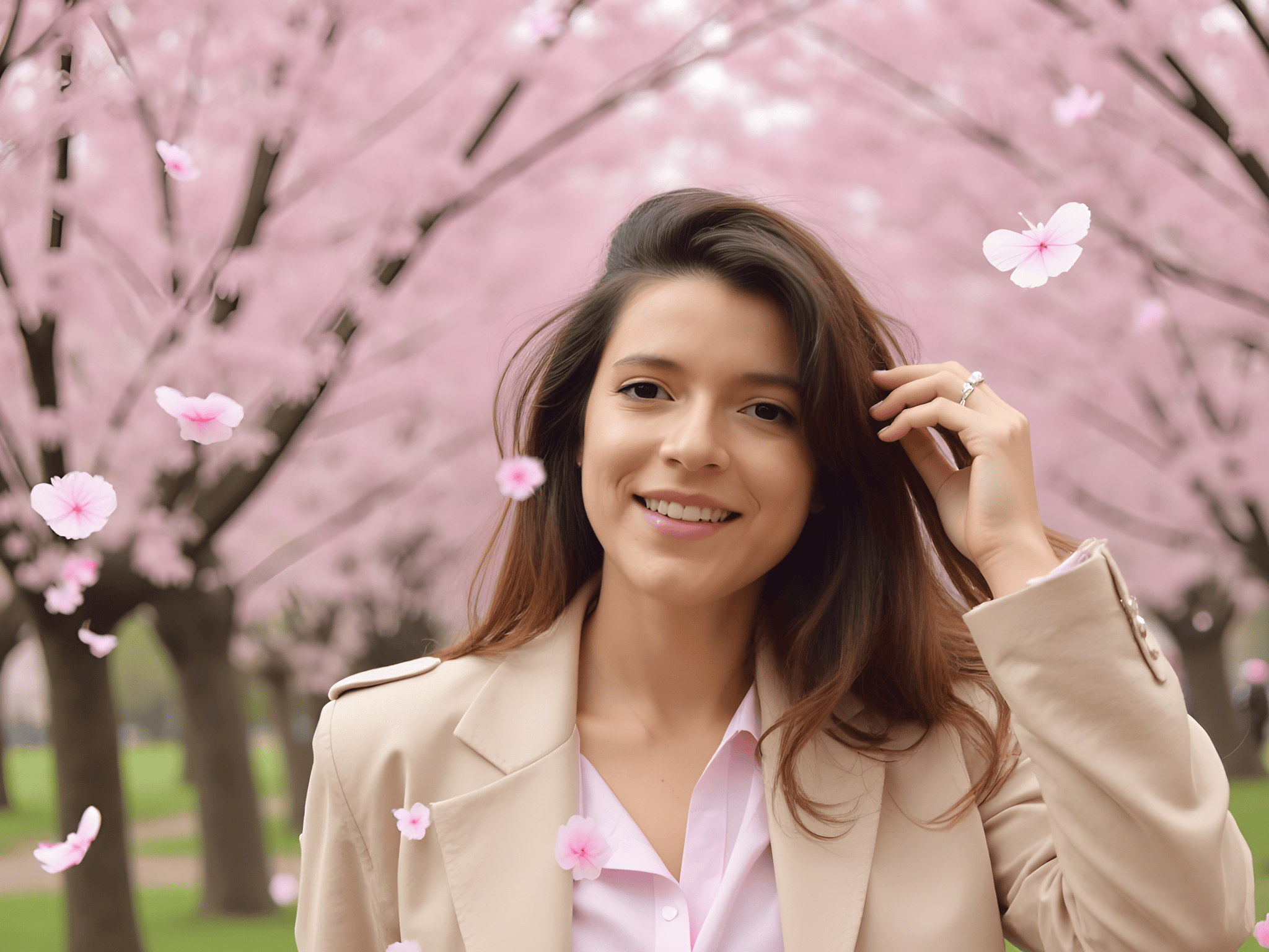 Smiling woman in a beige blazer surrounded by pink cherry blossom trees, with petals gently falling around her.
