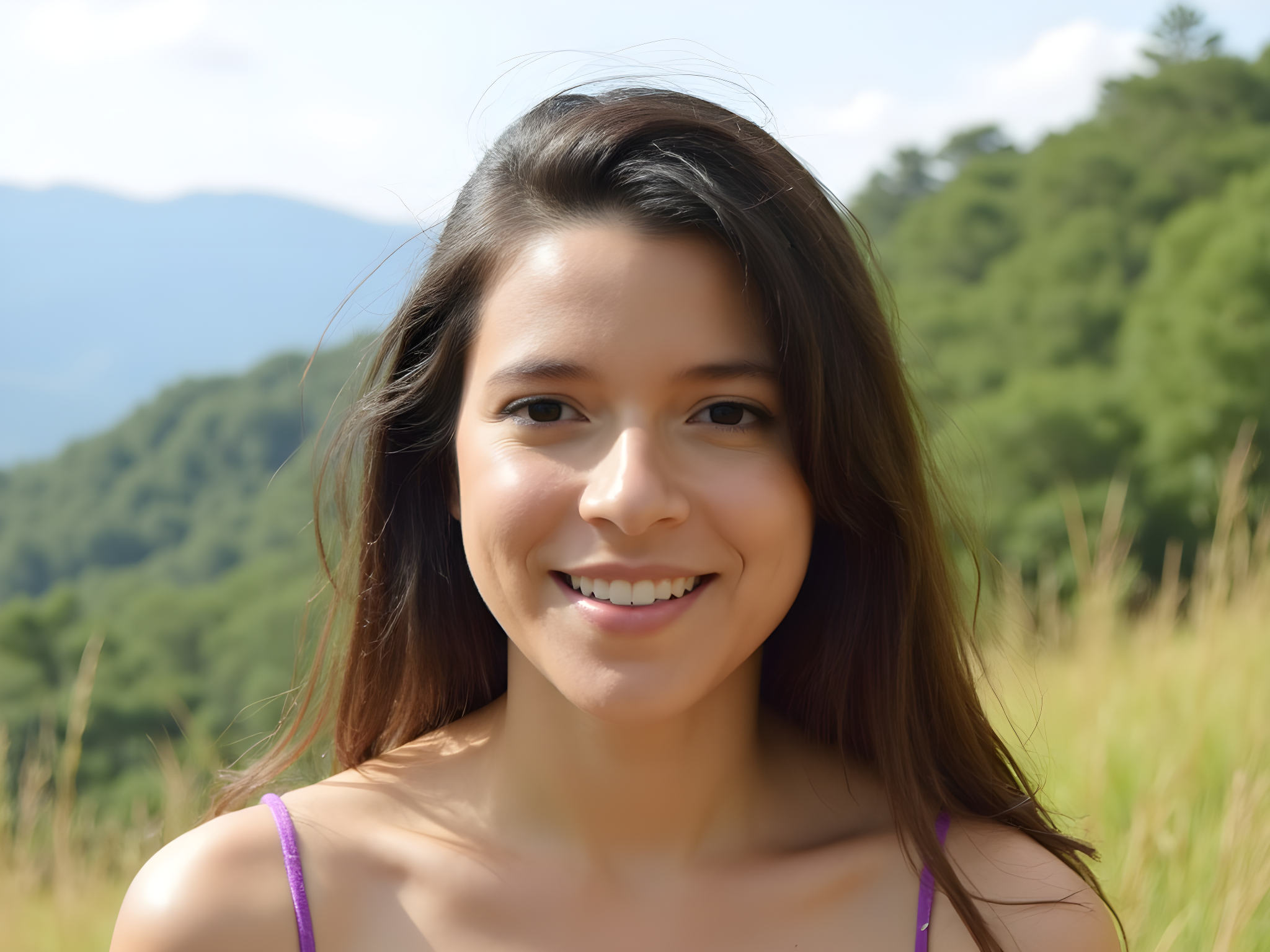 Smiling young woman outdoors with a scenic mountain background, showcasing nature's beauty.
