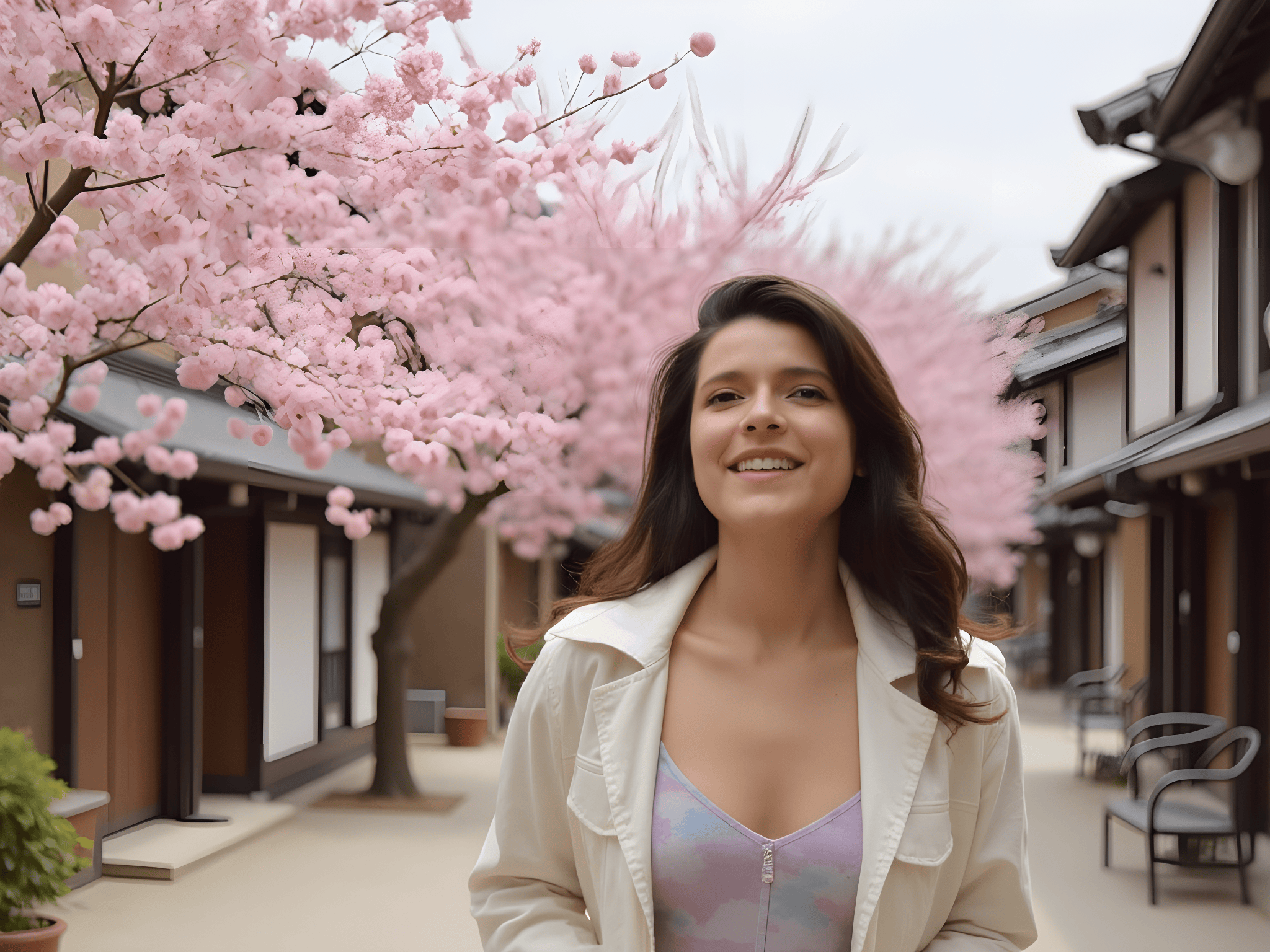 Smiling woman in light jacket standing under cherry blossom trees, showcasing a serene spring scene in a traditional setting.