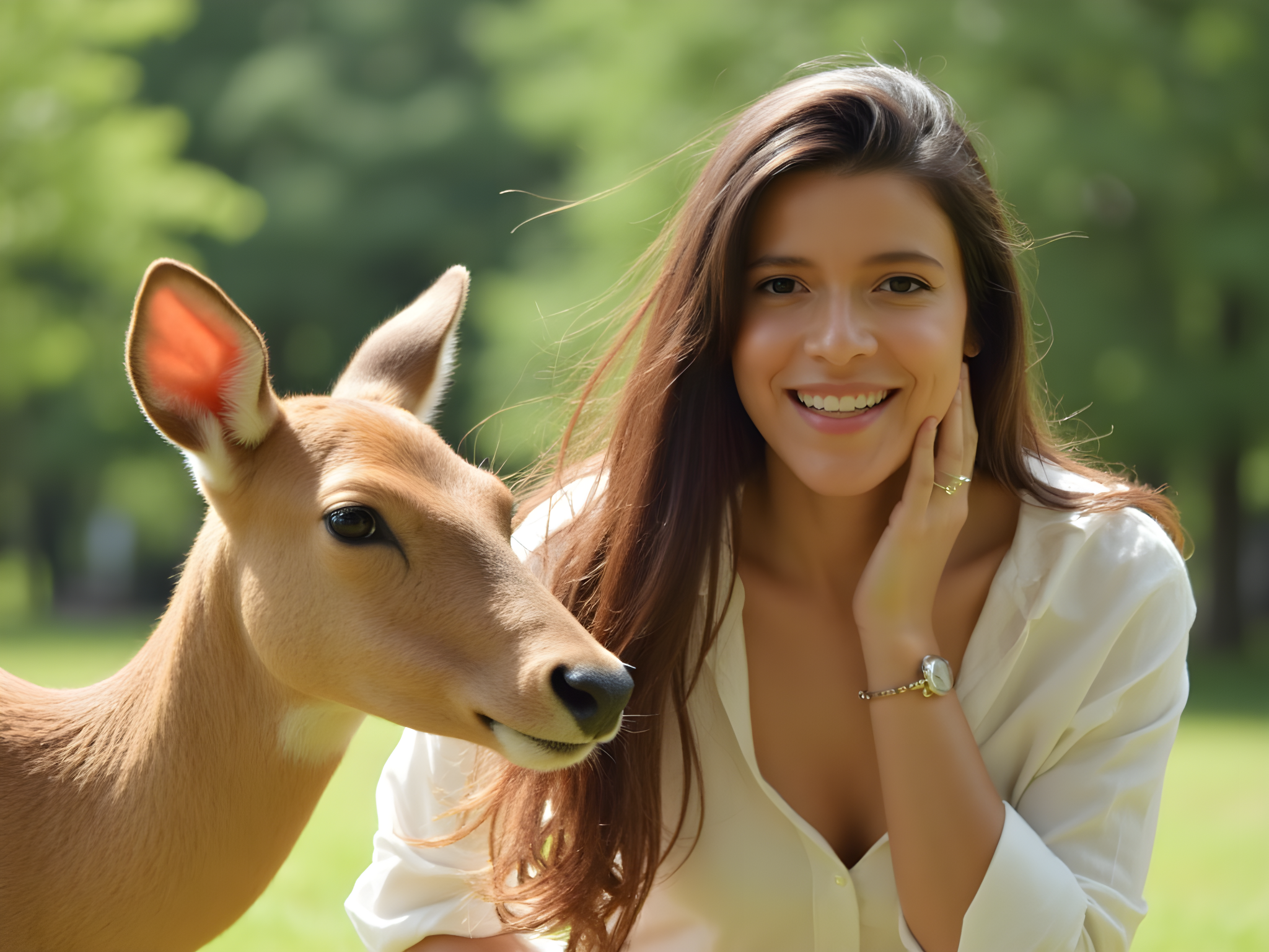 Young woman smiling beside a calm deer in a lush green park.