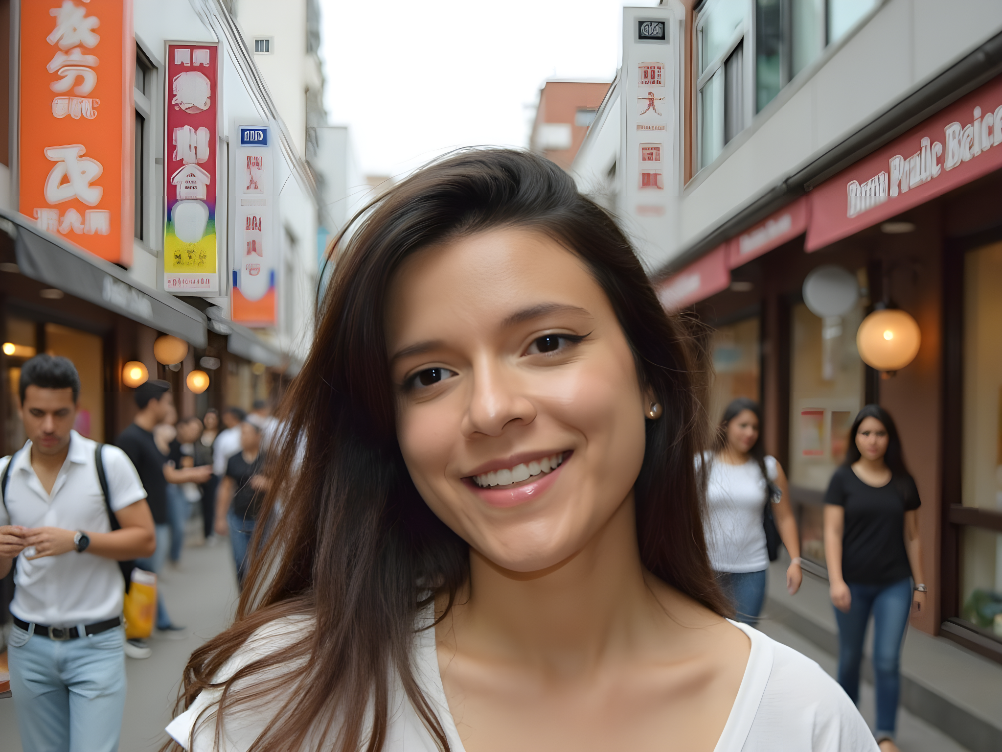 Smiling young woman in a bustling urban street with shops and people in the background.