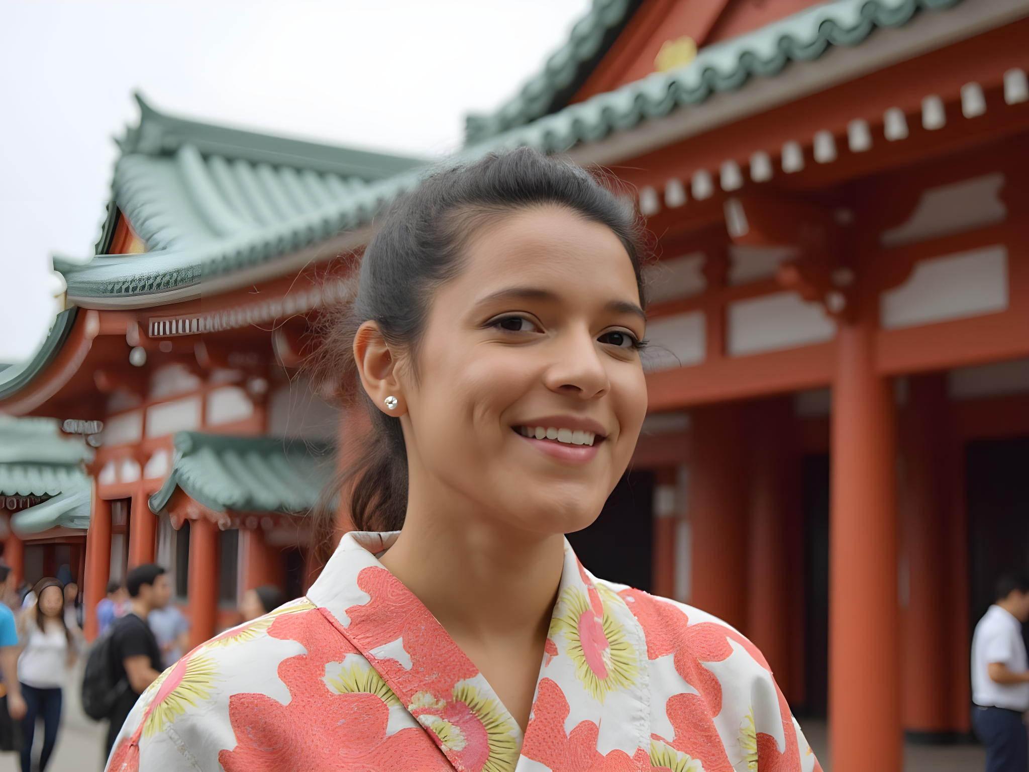 Smiling young woman wearing a colorful kimono against a traditional Japanese temple backdrop, capturing cultural heritage.