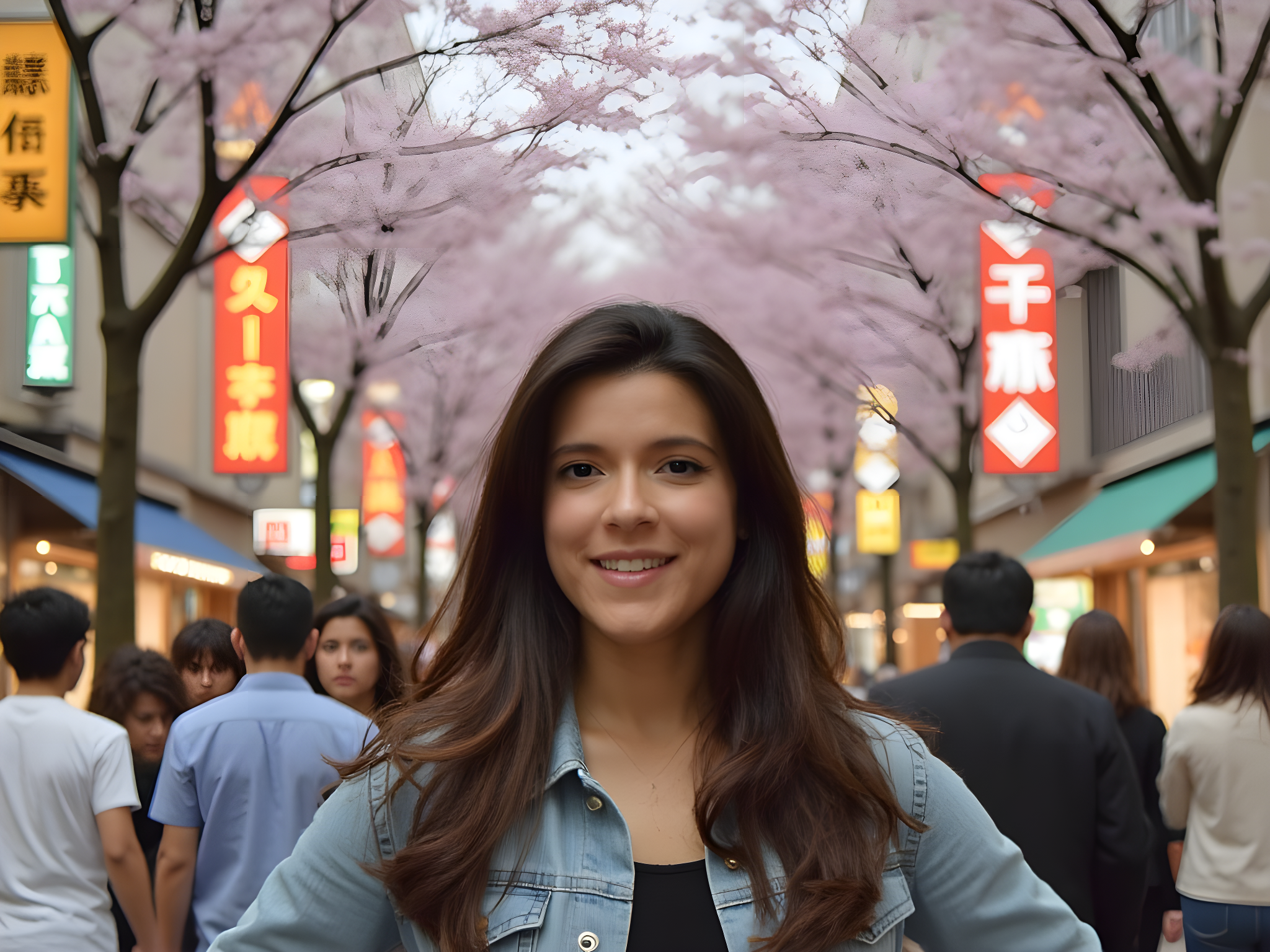 Young woman smiling in a bustling street adorned with cherry blossom trees and colorful shop signs.
