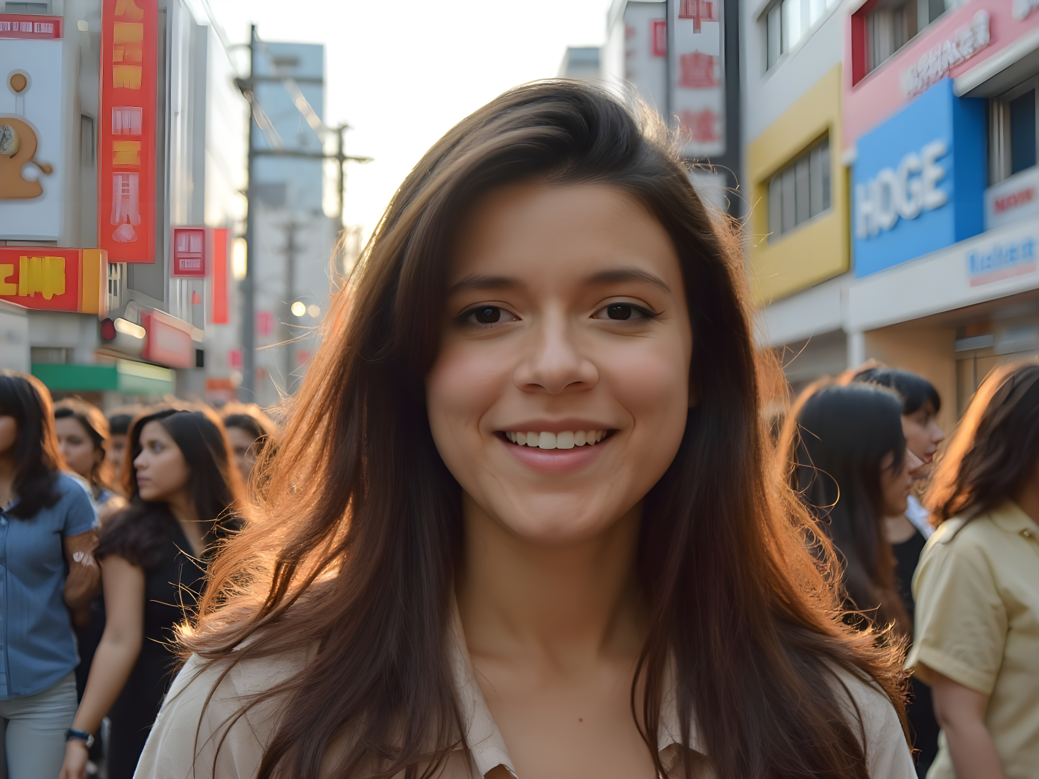 Smiling young woman in a bustling city street with shops and pedestrians in the background during golden hour.