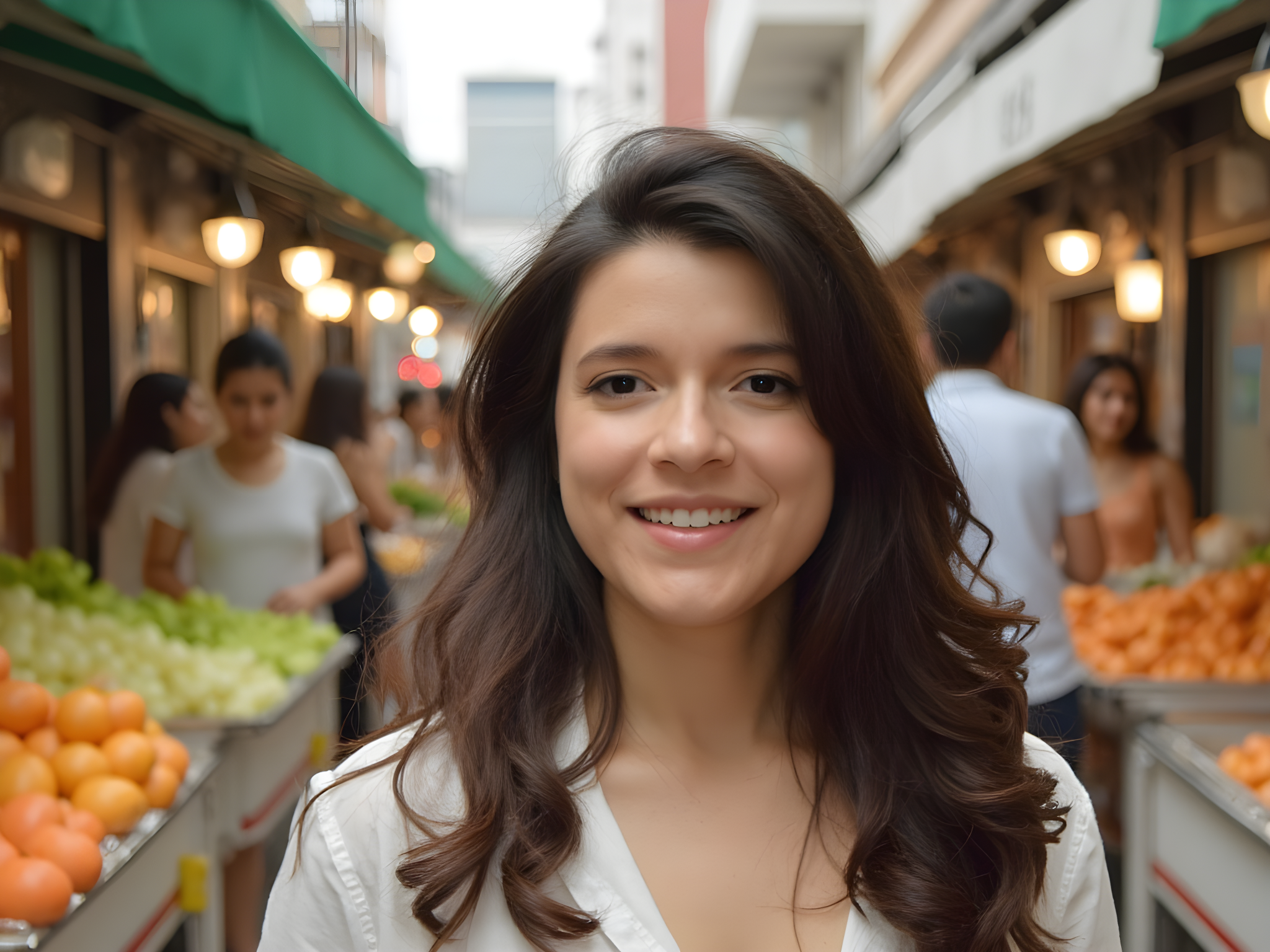 Smiling woman in a vibrant market with fresh fruits and vegetables, showcasing a lively shopping atmosphere.