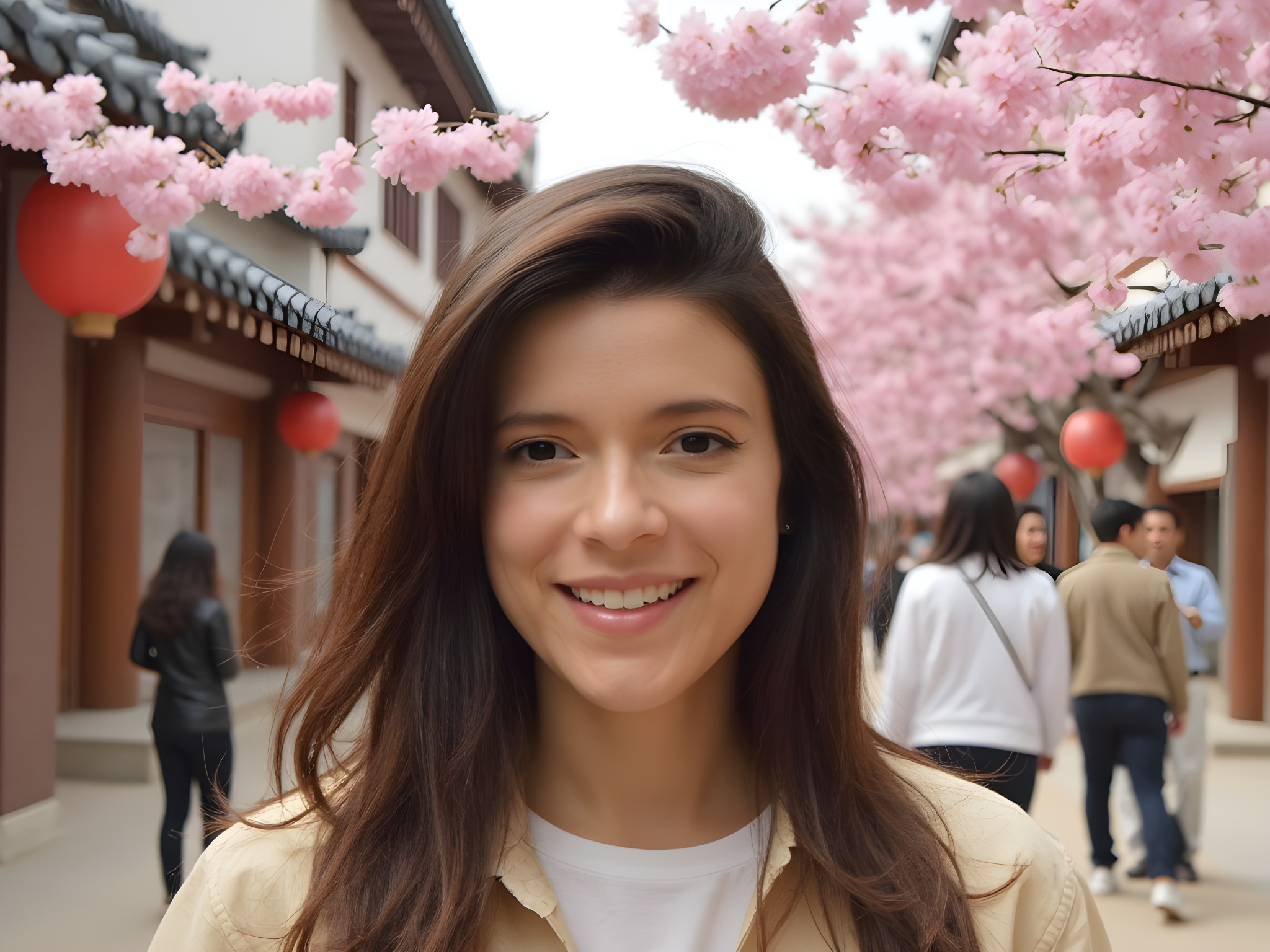 Smiling woman in a pastel outfit standing beneath pink cherry blossoms with traditional architecture and festive lanterns in the background.
