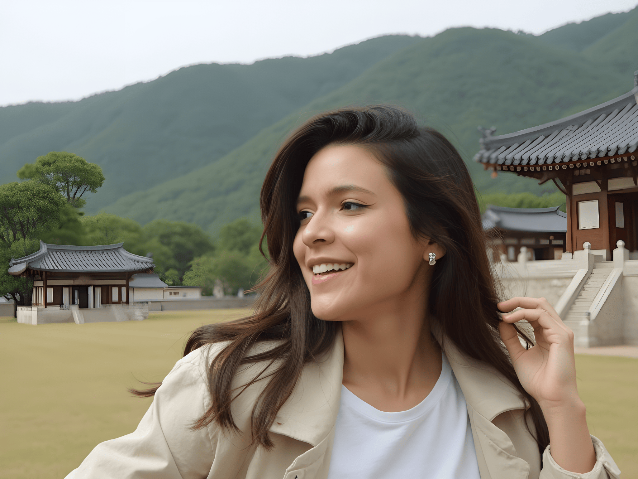 Smiling woman in a light jacket stands outdoors near traditional Asian architecture, with lush green mountains in the background.