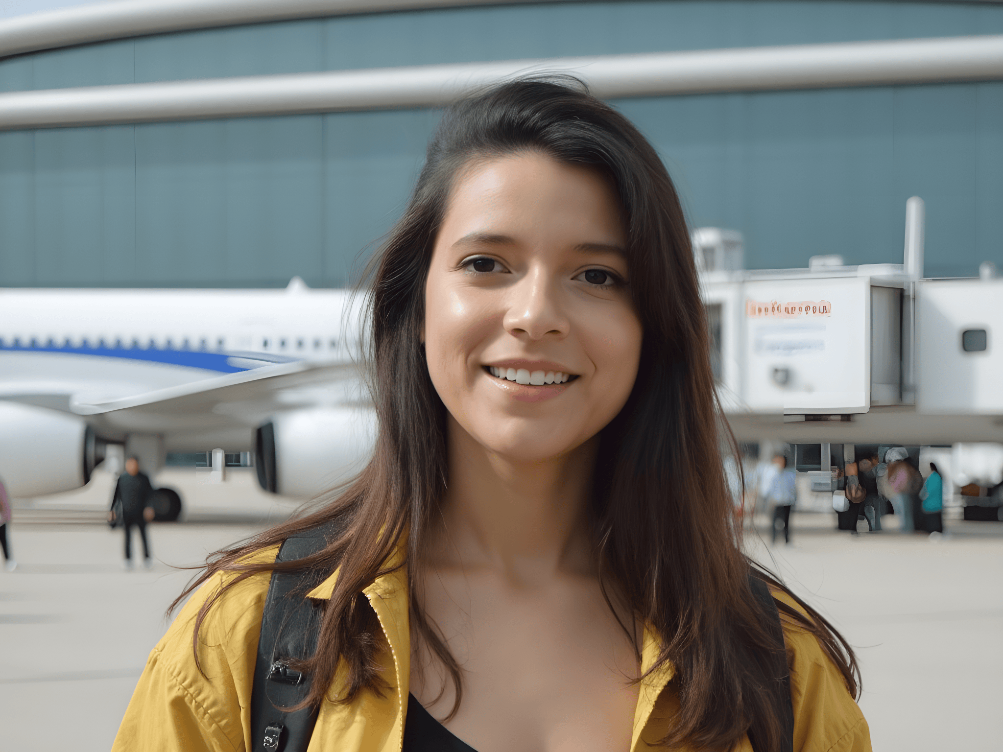 Smiling traveler at the airport with a yellow jacket, airplane in the background.