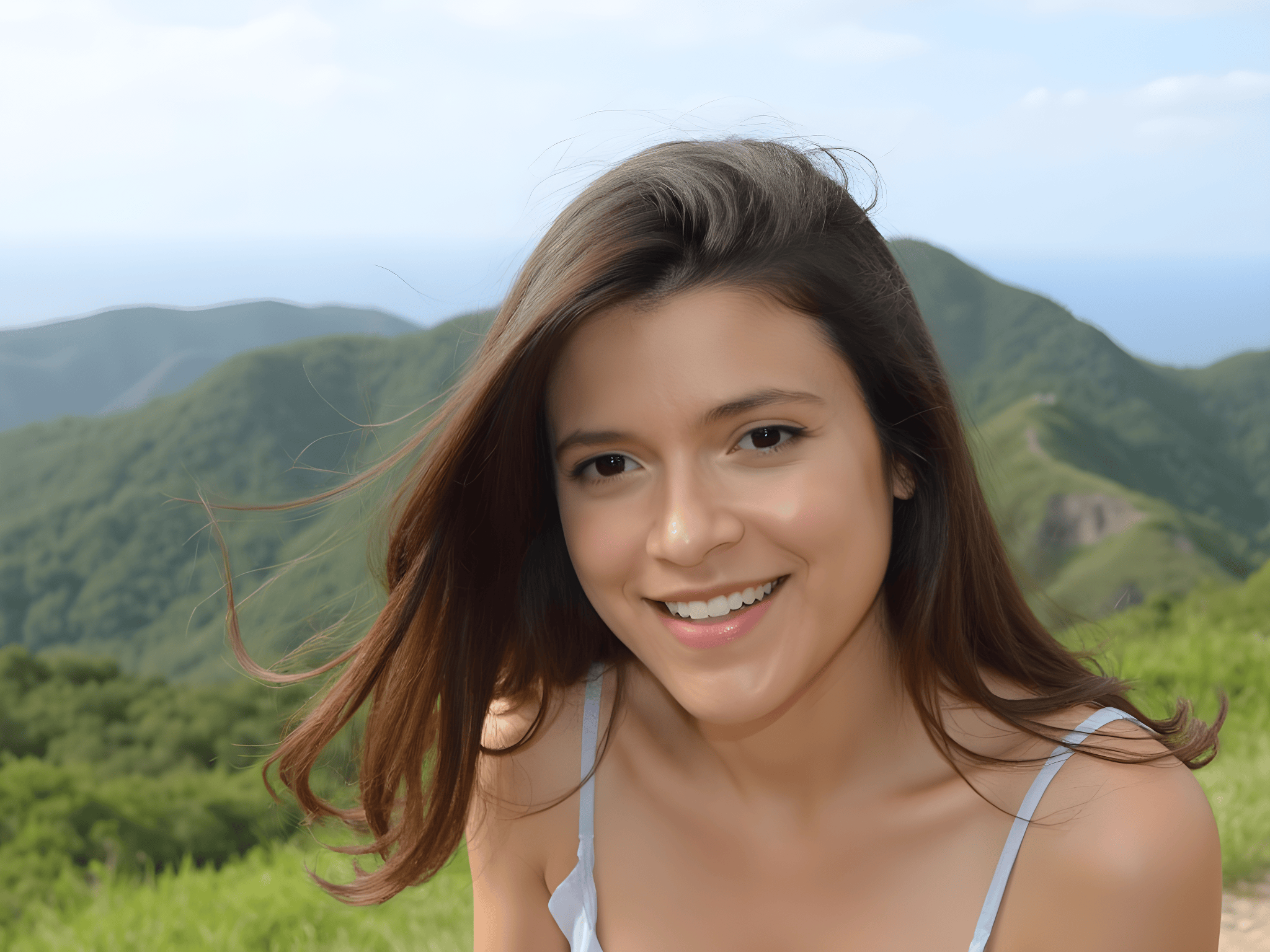Smiling woman with long brown hair in a scenic mountain landscape, enjoying nature and sunlight.