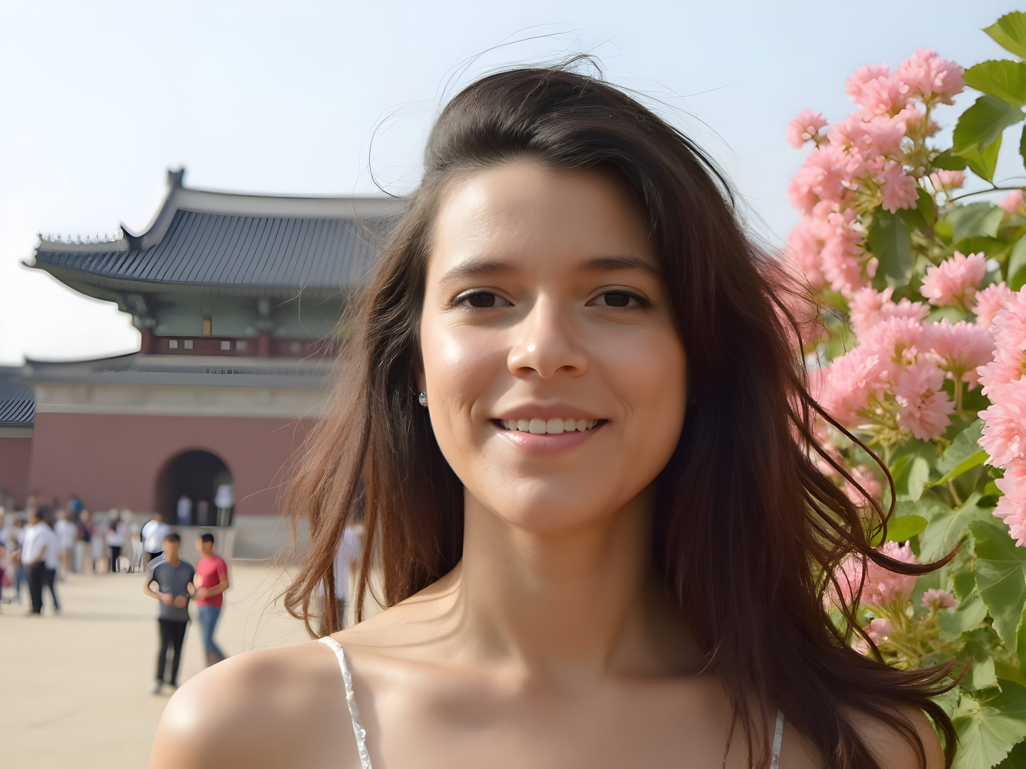 Smiling woman in traditional attire standing near pink flowers with a historical building in the background, showcasing cultural tourism.