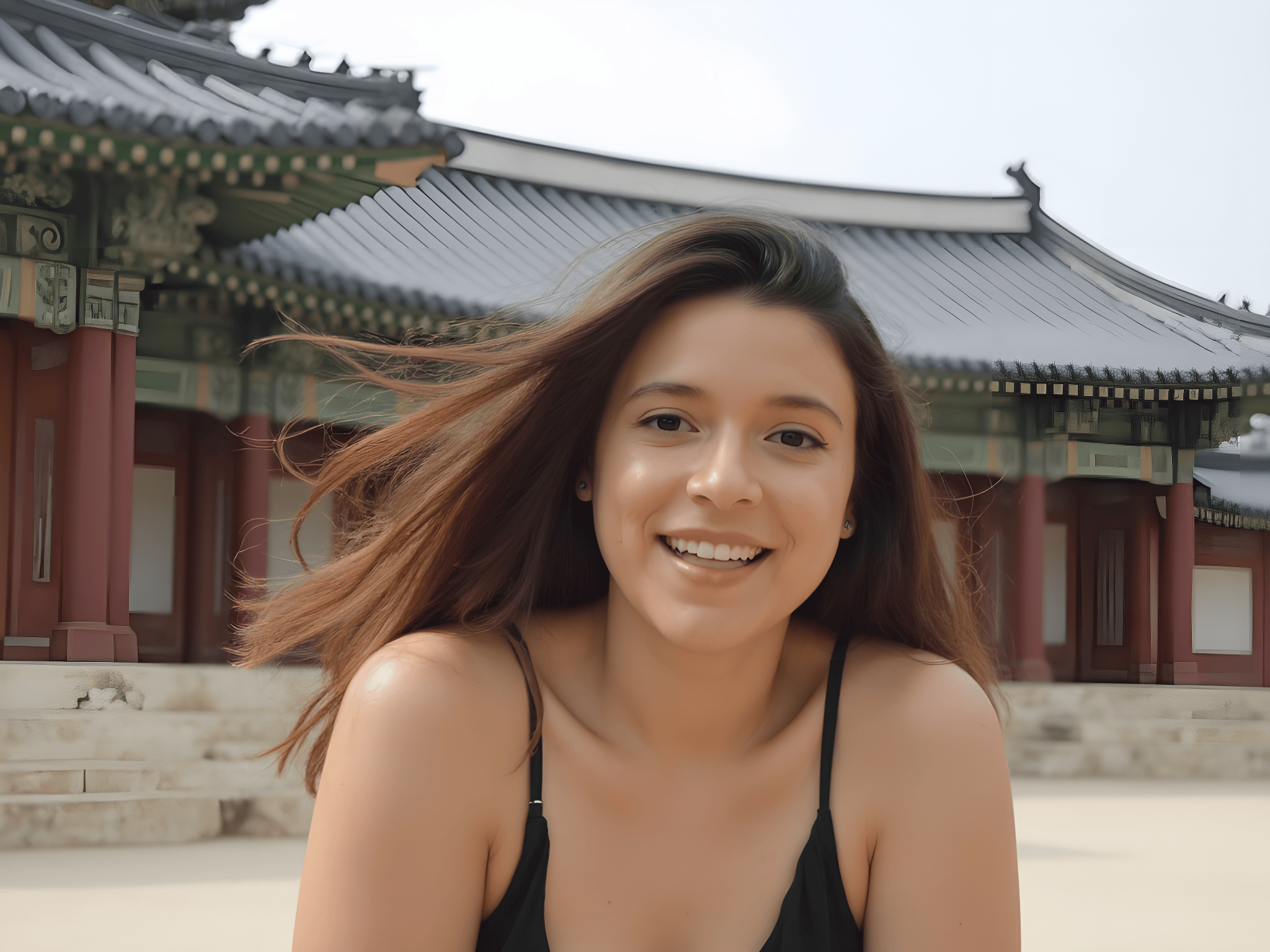 Young woman smiling in front of traditional Asian architecture, showcasing cultural heritage and vibrant surroundings.