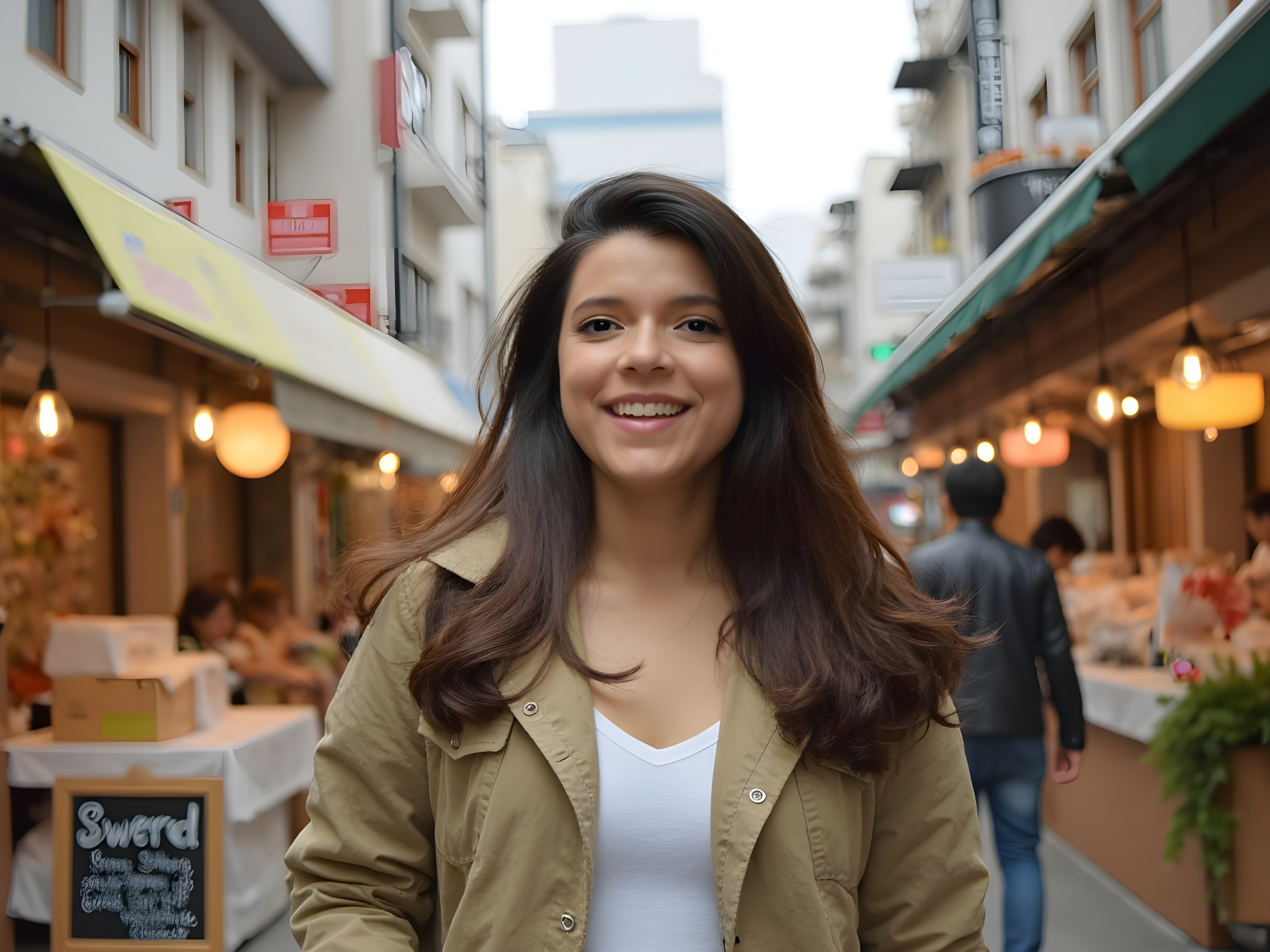 Smiling young woman in a trendy market street, dressed in a casual beige jacket, with vibrant shopfronts and customers in the background.