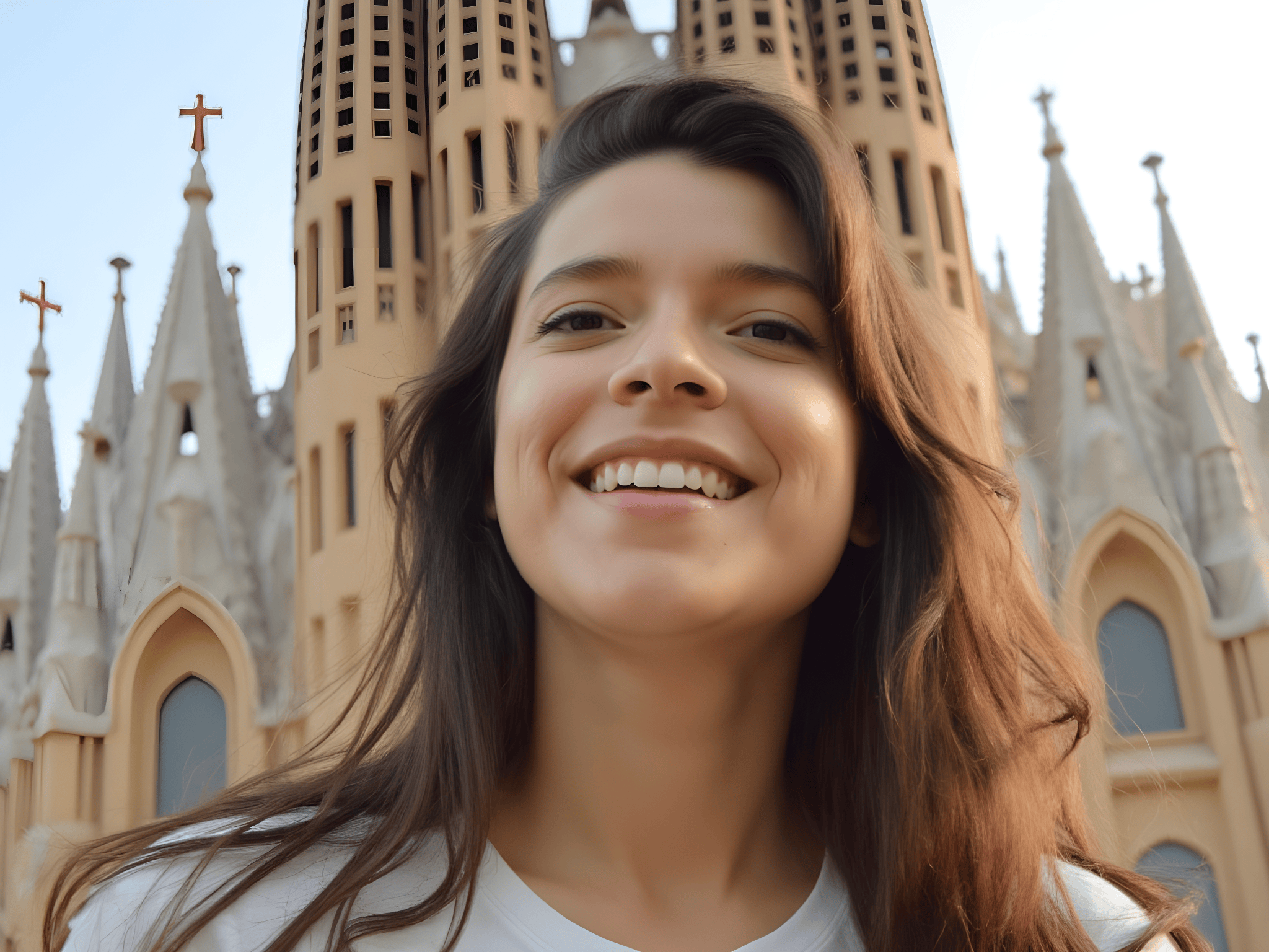 Smiling young woman in front of Sagrada Familia architecture in Barcelona.