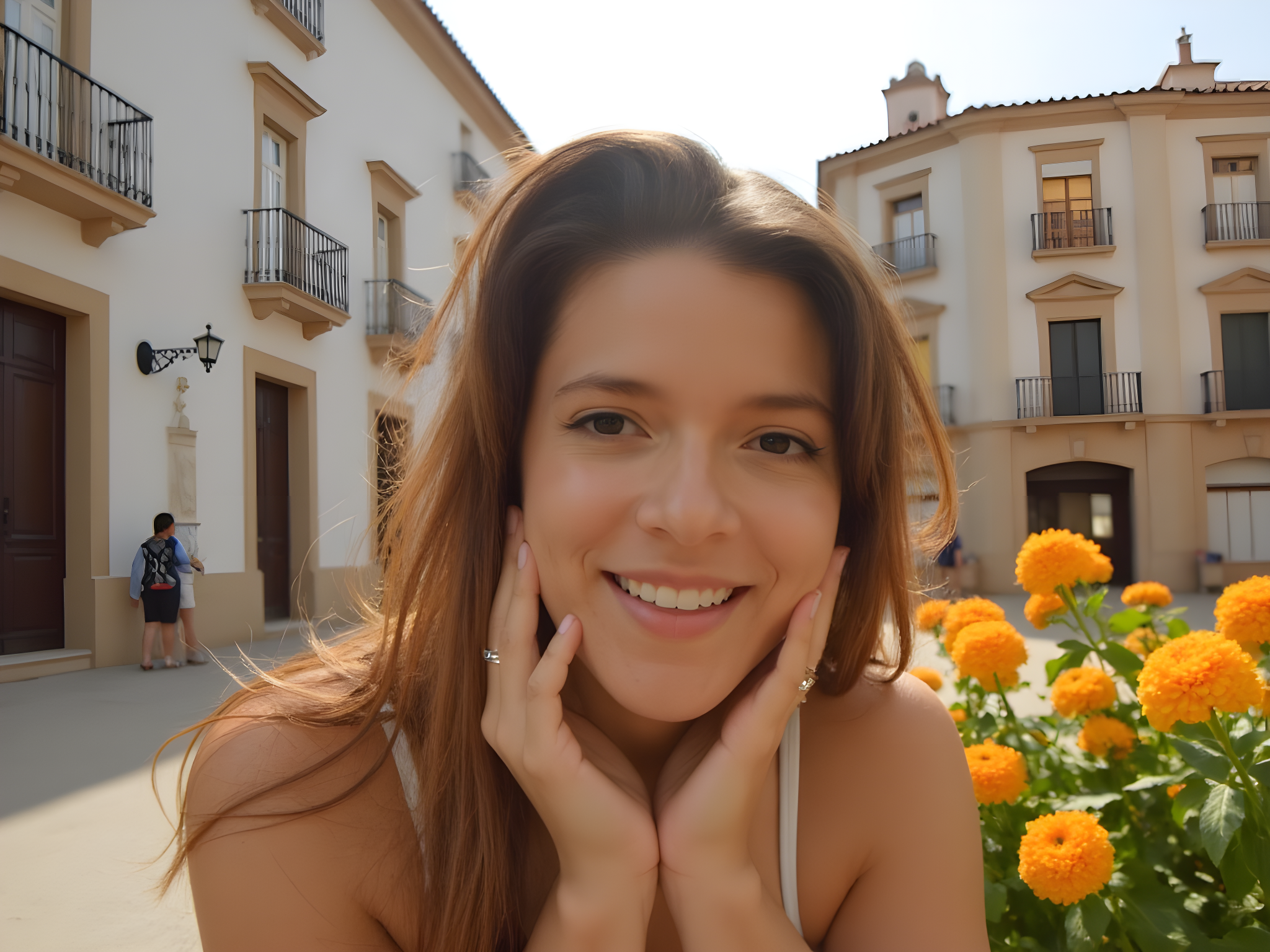Smiling young woman in a sunny courtyard surrounded by vibrant orange flowers, with charming buildings in the background.