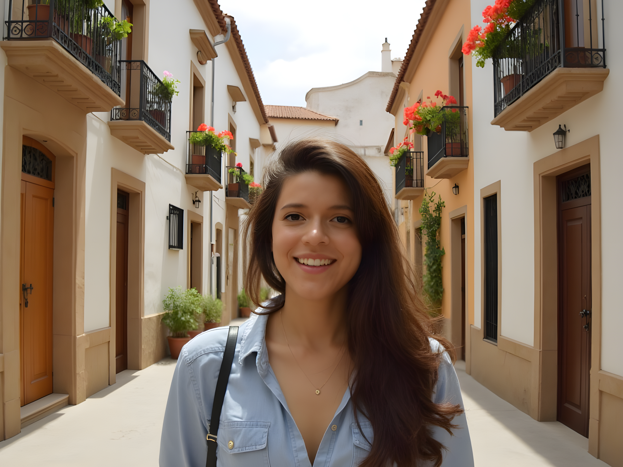 Smiling young woman in a charming alley with blooming flowers and colorful buildings, showcasing vibrant urban lifestyle.