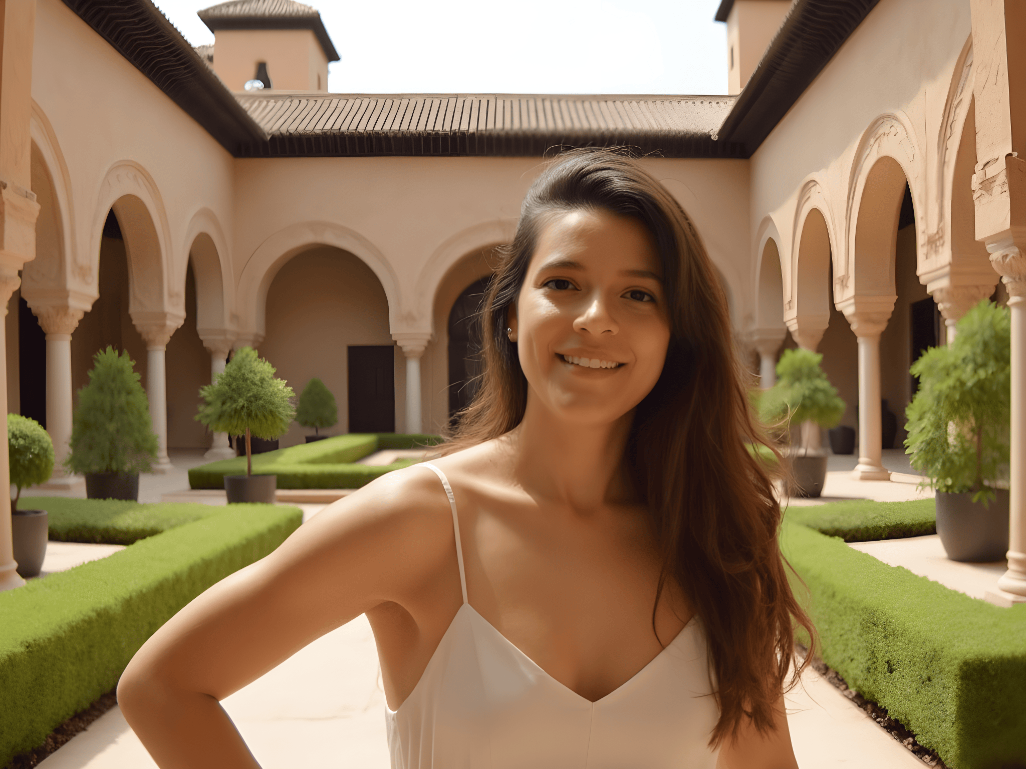 Young woman smiling in a serene courtyard with lush greenery and elegant architecture.