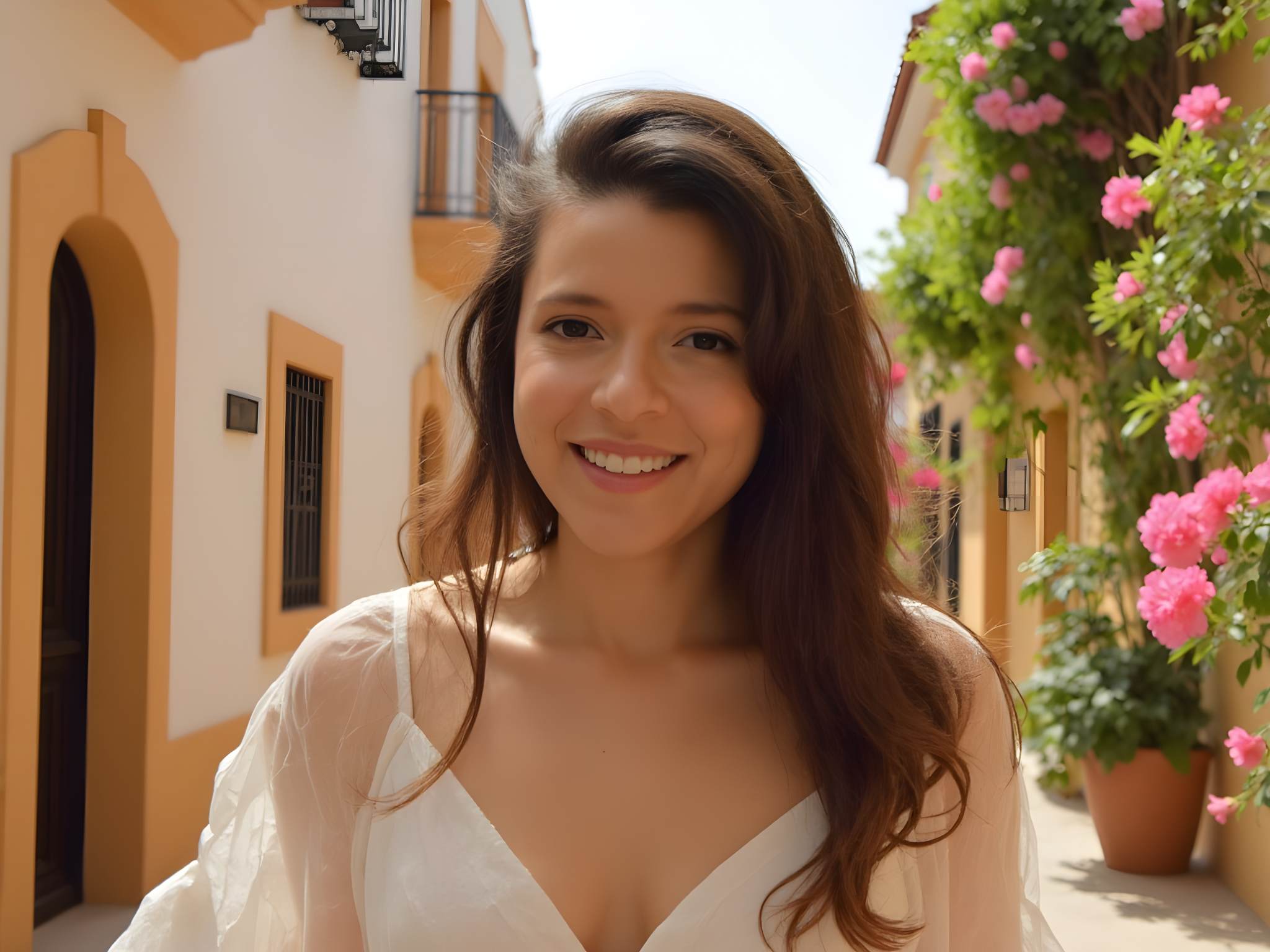Smiling young woman in a white blouse standing on a sunny street adorned with colorful flowers and charming architecture.