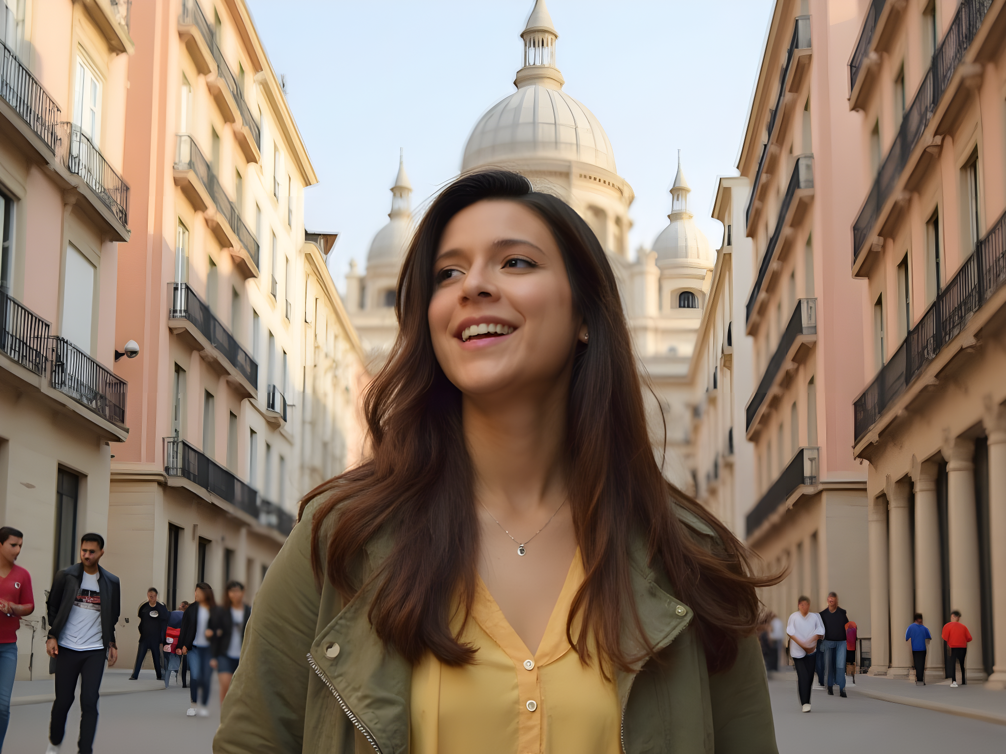 Young woman smiling in a lively urban street, with historic architecture and busy pedestrians in the background.