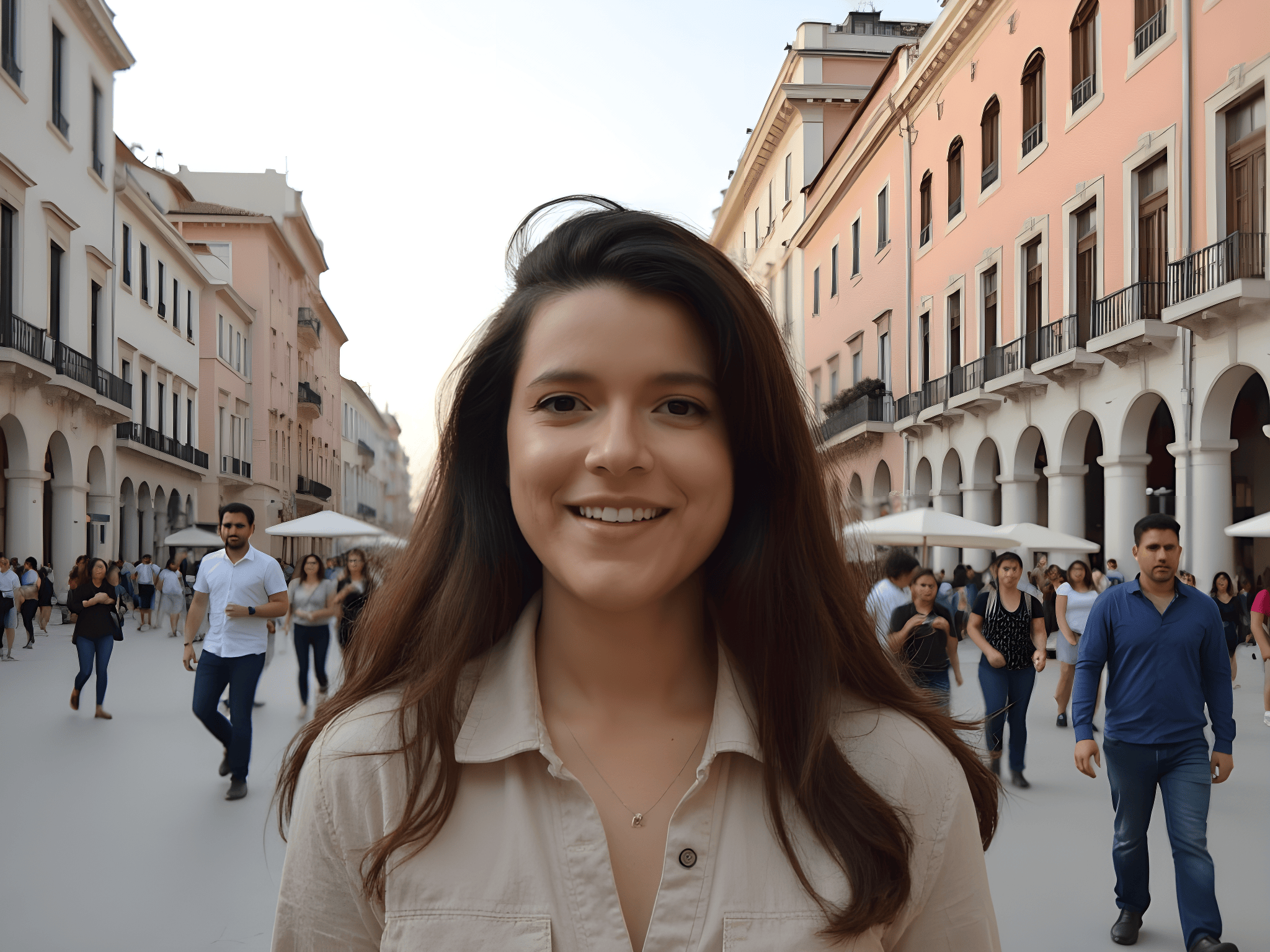 Young woman smiling in a busy urban street with people walking and colorful buildings in the background.