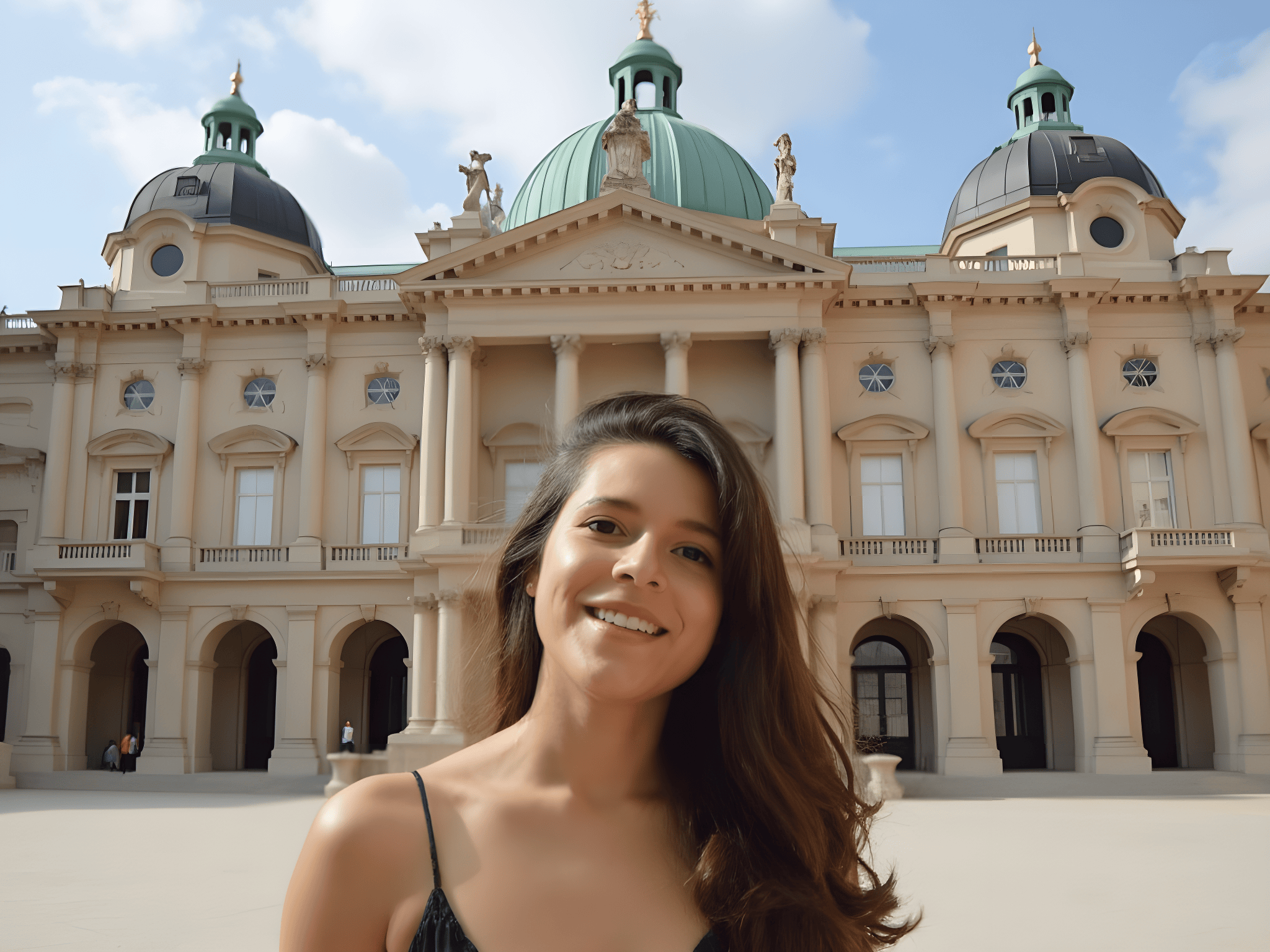Young woman smiling in front of a beautiful historic building with green domes and elegant architecture.