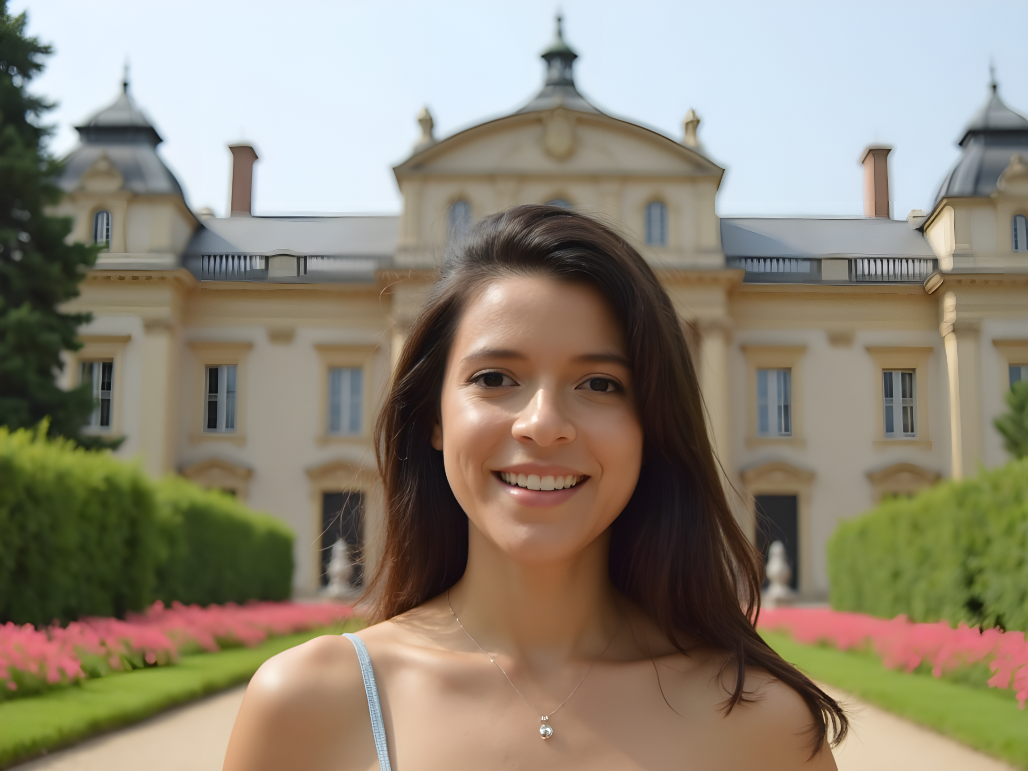 Smiling woman in a garden with pink flowers and a historical building in the background.