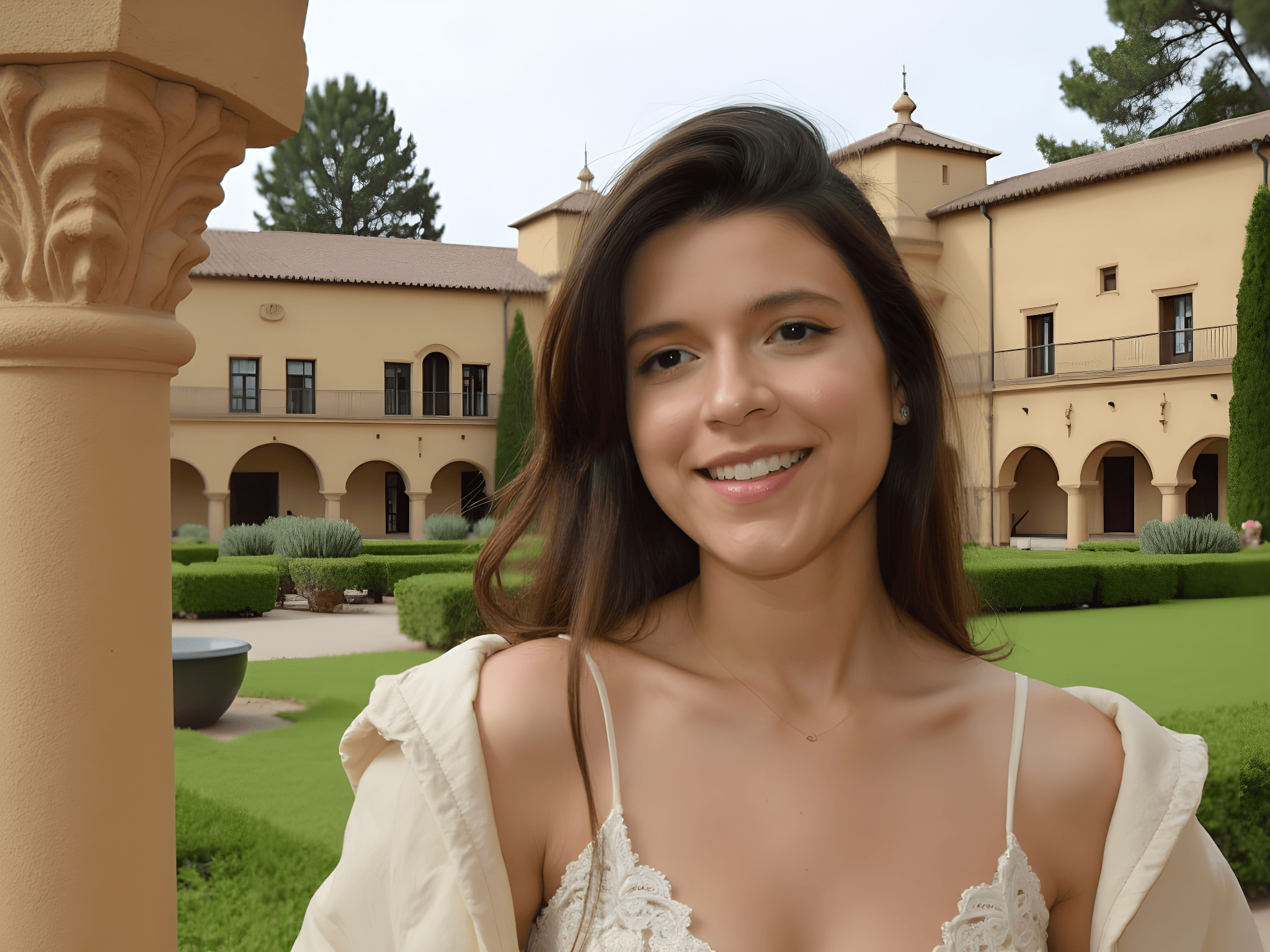 Smiling young woman in a garden courtyard with classical architecture in the background.