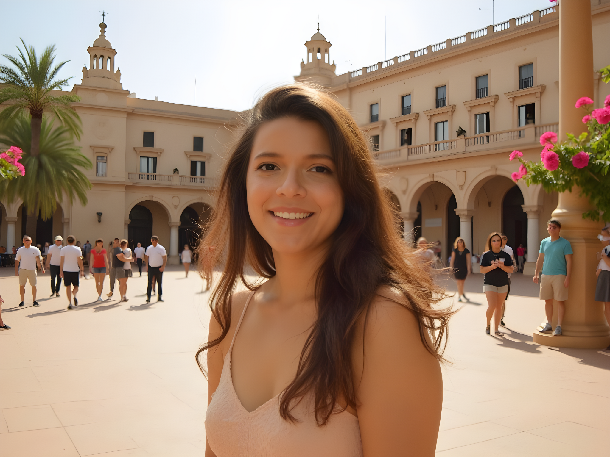 Smiling young woman in a sunlit square with palm trees and historic architecture, surrounded by an urban crowd.