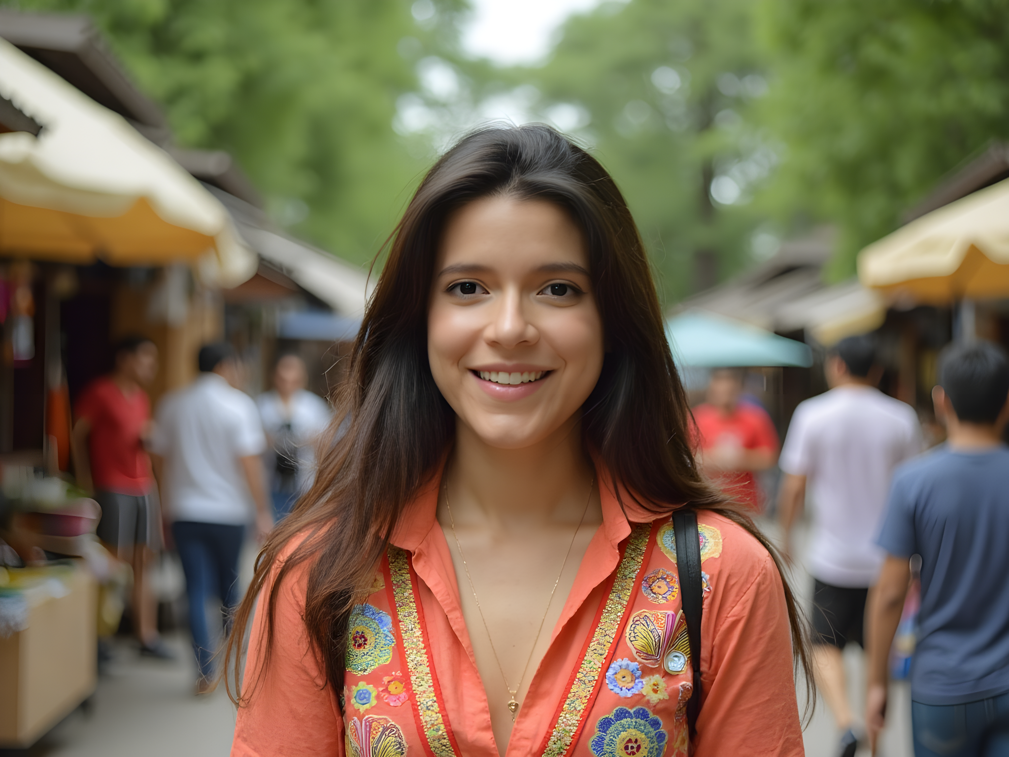 Young woman smiling in a vibrant marketplace, surrounded by blurred shoppers and colorful stalls.