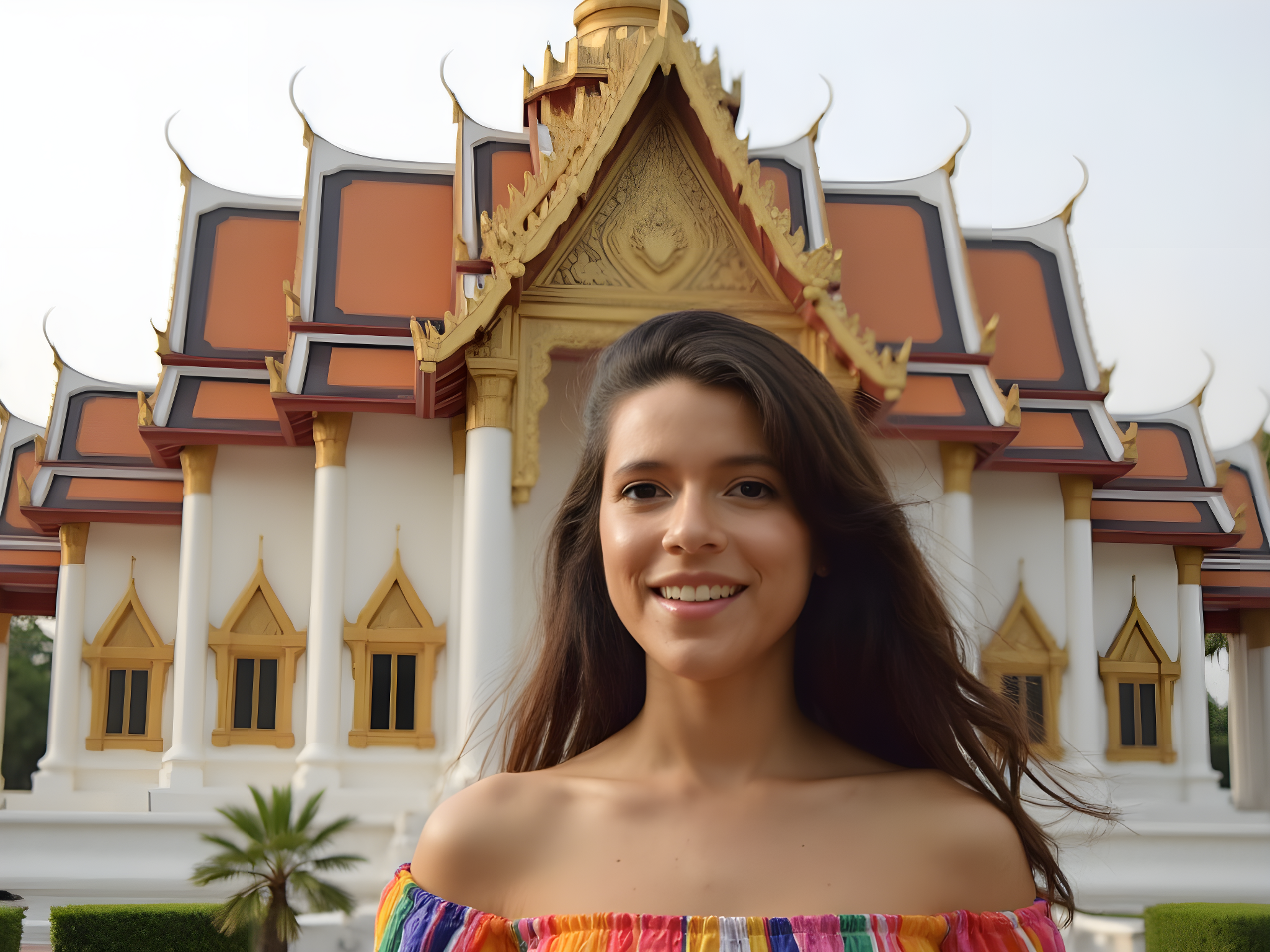Smiling woman in a colorful off-shoulder top in front of a beautifully decorated temple with intricate architecture.