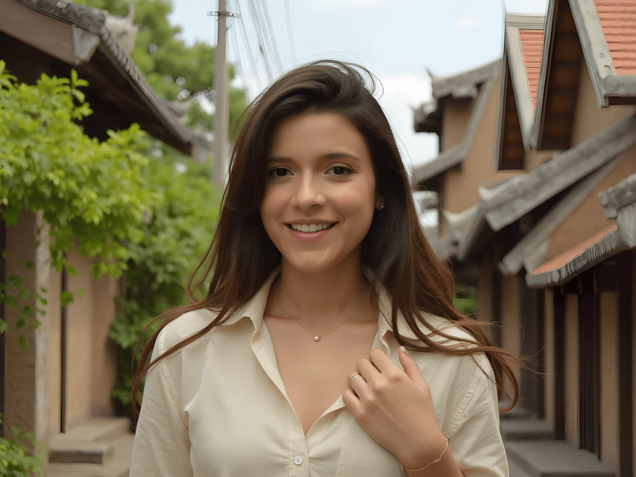 Smiling woman in a light shirt standing in a quaint village street with traditional buildings and greenery.