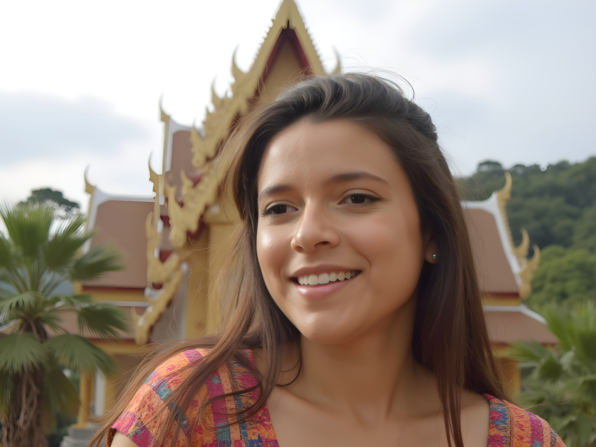 A smiling woman in colorful attire in front of a traditional Thai temple surrounded by greenery.